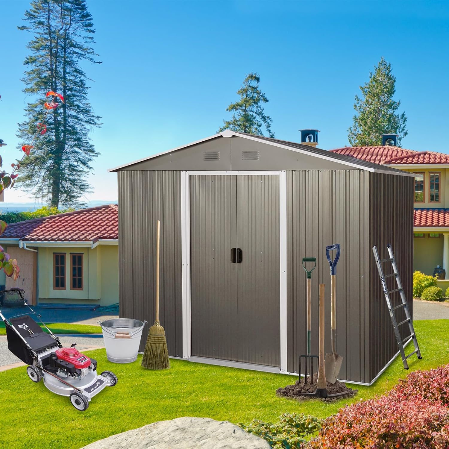 Gray 6' x 8' Outdoor Metal Storage Shed with Floor Base
