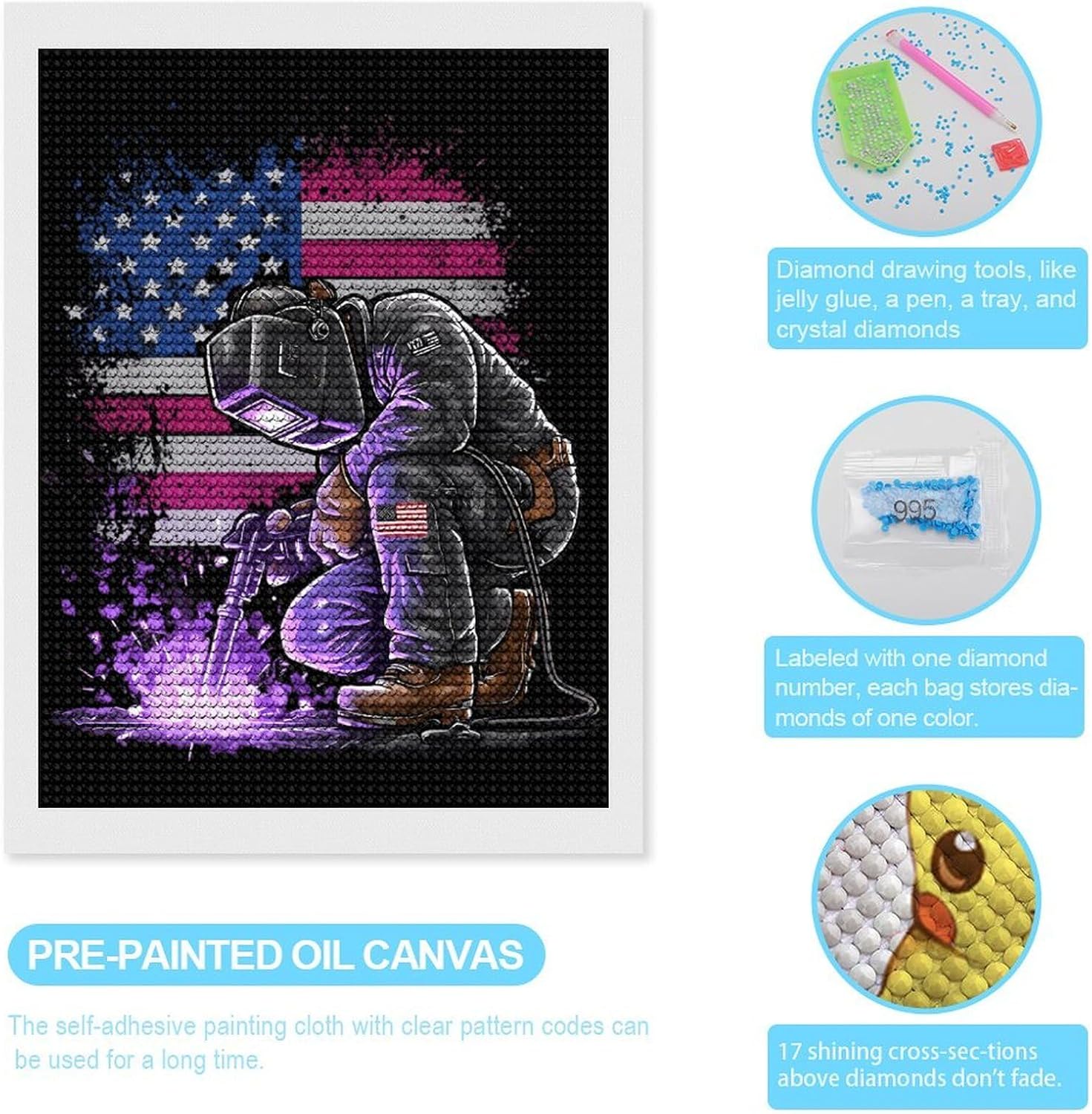 US Flag Welder Diamond Painting Kits for Adults Full Dril Diamond Art for Wall Home Decor 12"x16"
