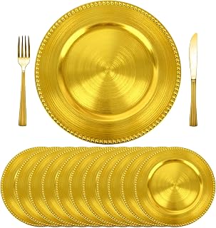 13" Elegant Gold beaded Charger Plates for Weddings & Parties - Plastic Charger for Dinner Plates,Reusable Decorative Table Chargers Bulk Set for Catering, Birthday, Holiday Events (GOLD, 50PCS)