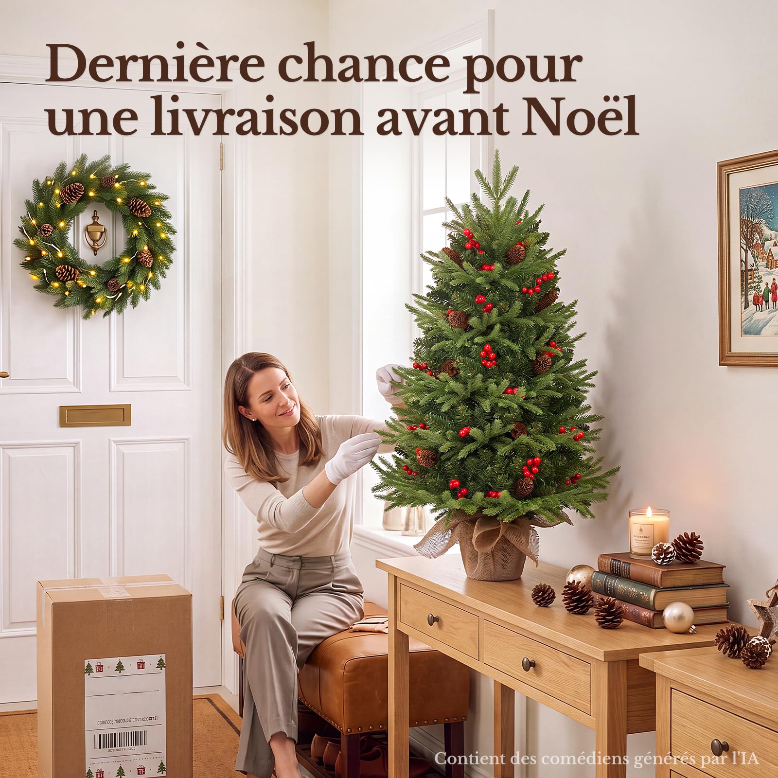 HOKEEPER Sapin de Noël artificiel de 90 cm avec LED et décoration | Sapin, aiguilles vertes en PVC, mini sapin de Noël, pommes de pin et baies, entièrement décoré