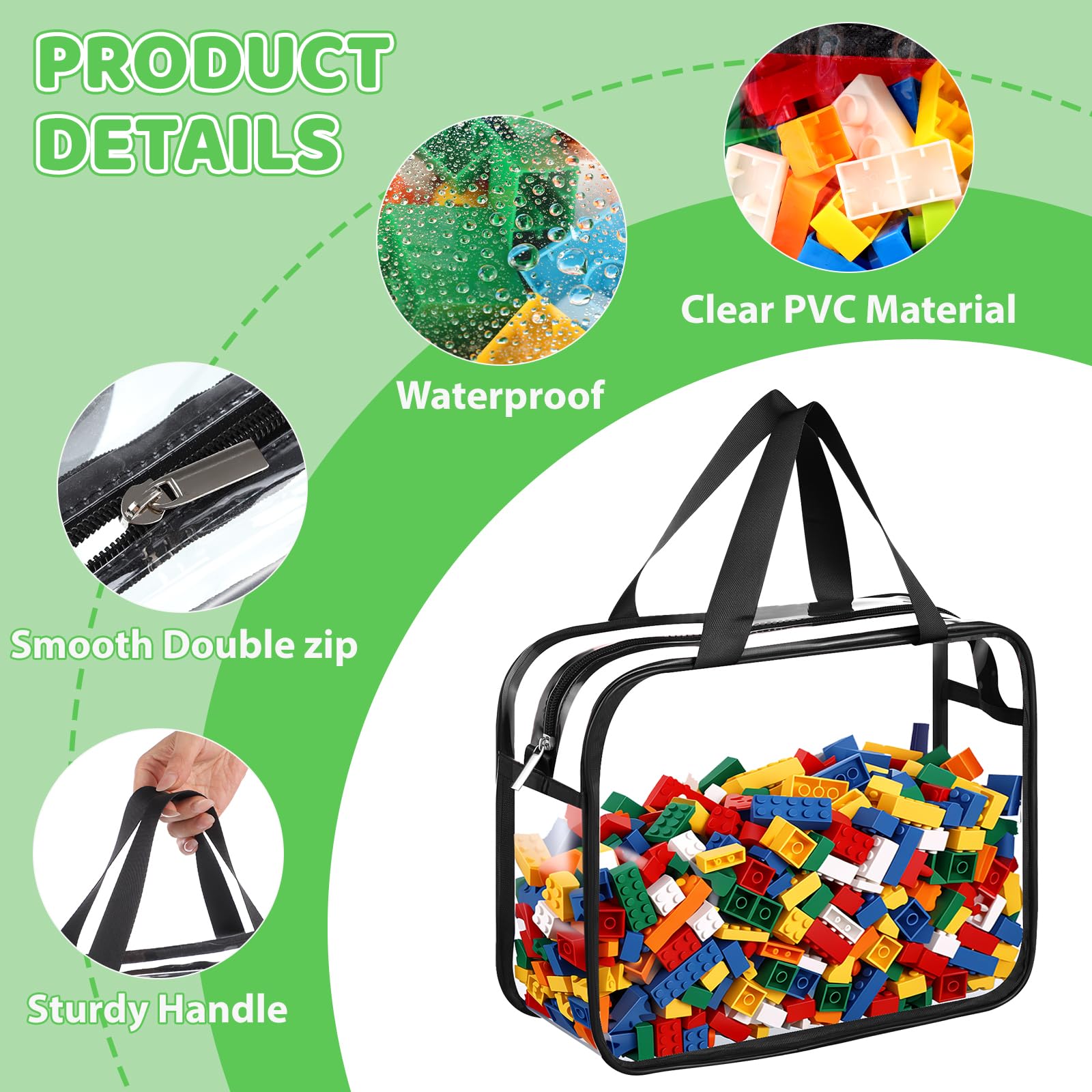 Dntorx Sacchetti per giocattoli, organizzazione e conservazione, confezione da 4 organizer in PVC trasparente, grandi borse impermeabili con cerniera con manici per libri per bambini, puzzle, blocchi