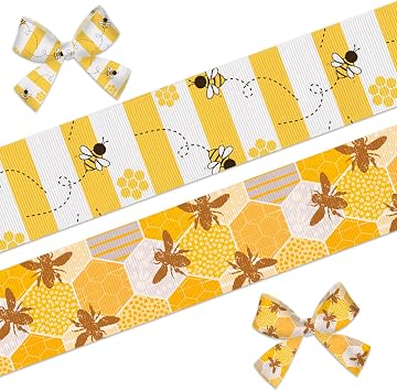 2 Rolls 10 Yards Bee Ribbon for Gift Wrapping Crafts Wreath Bows 4/5 Honeycomb Bumblebee Decor Ribbons Yellow Honey Grosgrain Ribbon for Home Party Holiday Decoration