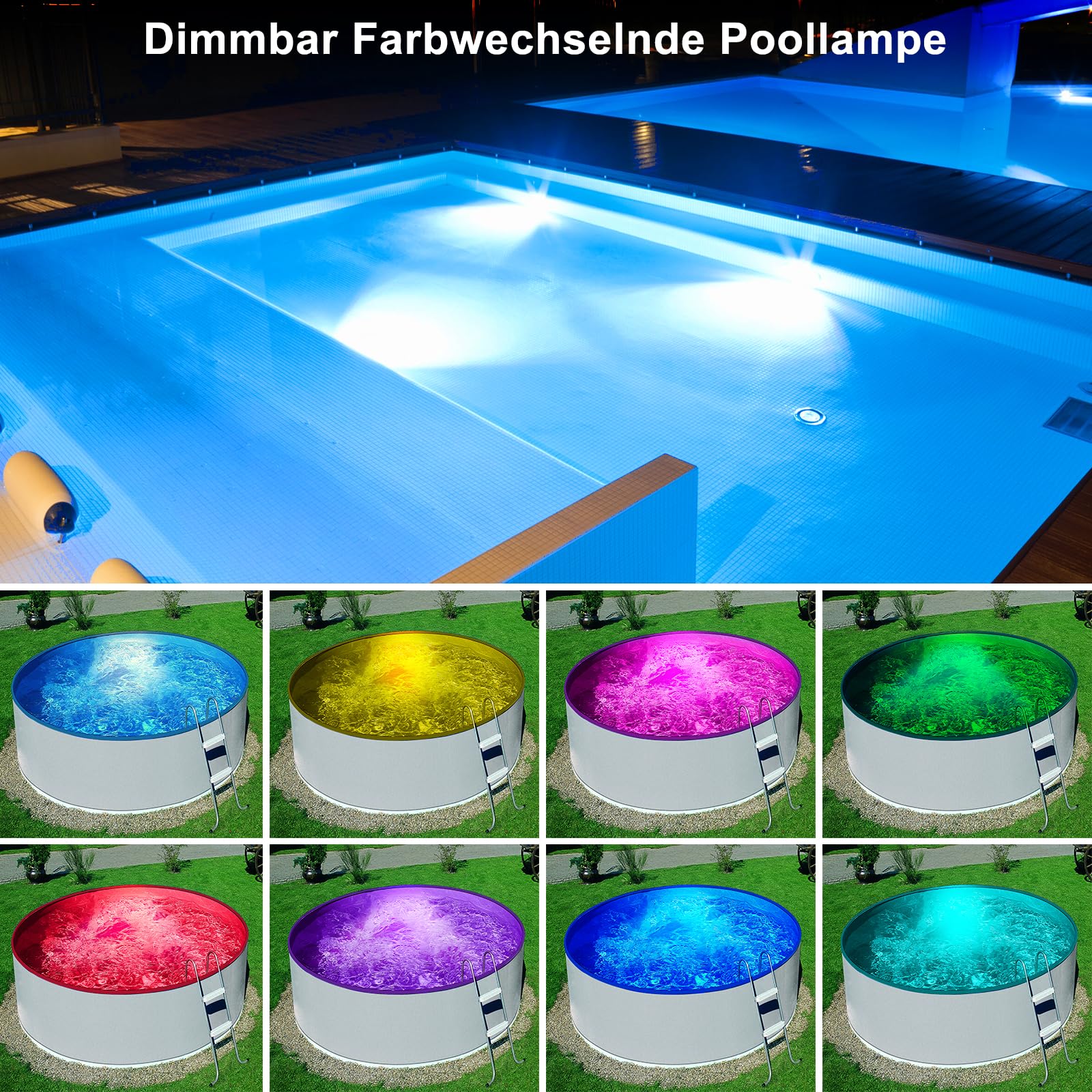 12V 24W Illuminazione LED per piscina, dimmerabile, luce per piscina, per telaio in acciaio e piscina a parete in acciaio, IP68, impermeabile, cavo da 7 m, Bocca ad anello da 2 ¼