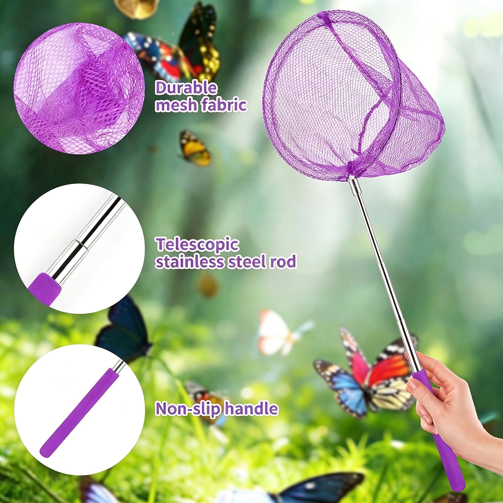 6 Piezas Redes Telescópicas de Mariposa Red de Pesca Extensible 37-85 cm con 3 Cubos Plegables Red de Mariposas de Acero Inoxidable,Red Retráctil para Atrapar Insectos,Mariposa,Peces Pequeños