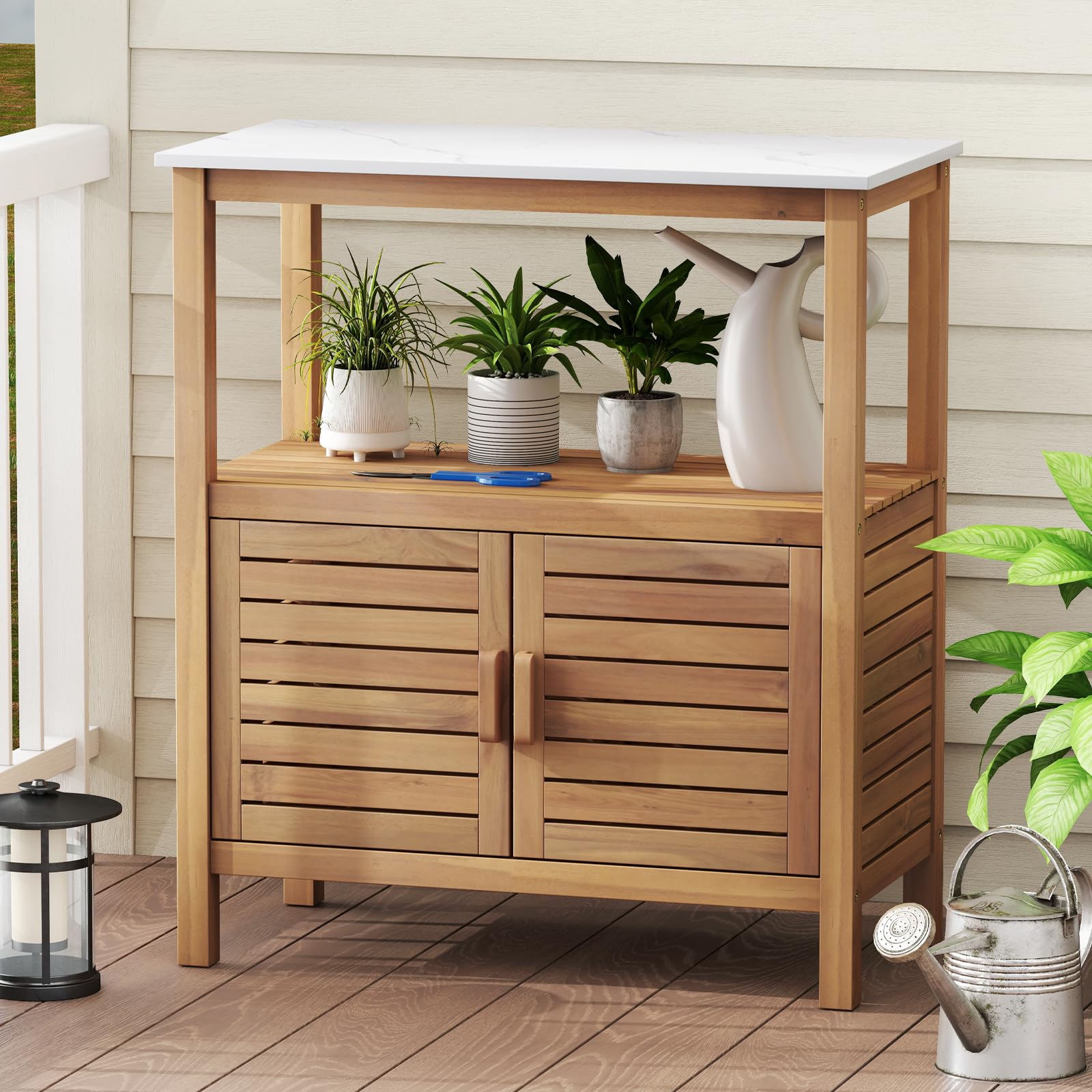 GOPLUS Table de Rempotage en Bois, 88x45x120 CM, Table de Jardinage avec Plateau en Résine Large, Étagère de Rangment Ouverte, Armoire Inférieur pour Outils, Charge 70KG, pour Terrasse, Jardin