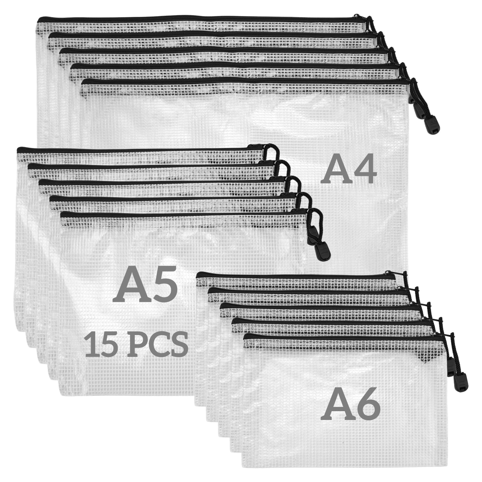 15 Pieces A4 + A5 + A6 Mixed Sizes Clear Zip Lock Bags