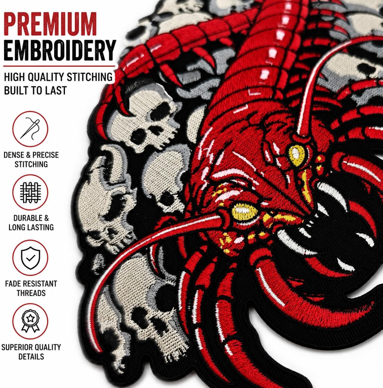 Large Red Centipede & Skull Pile Iron-On or Sew-On Patch 33 x 26 cm – Embroidered Applique for Jackets, Vests, Backpacks & Clothing