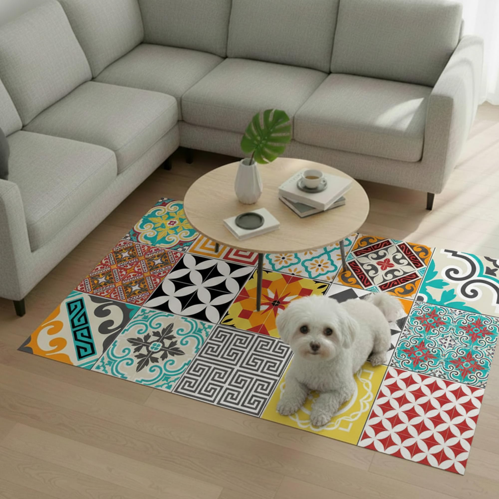 Tapis Vinyle pour le sol en PVC - Antidérapant - Protection pour le Sol - Inspiration Carreaux de Ciment - Lavable à la main - Epaisseur 2,2 mm - 60 cm x 100 cm - Tapis de sol Multicolore
