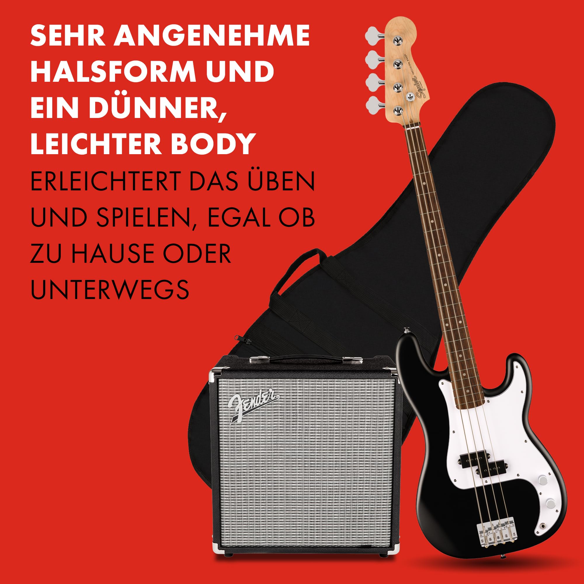 Squier by Fender Debut Collection Precision Bass, Lieferumfang mit Zubehör: - Ständer - Rumble 15 Amp - Gepolstertes Gigbag - Gurt - Bass - 3 m Kabel - FT-1 Stimmgerät