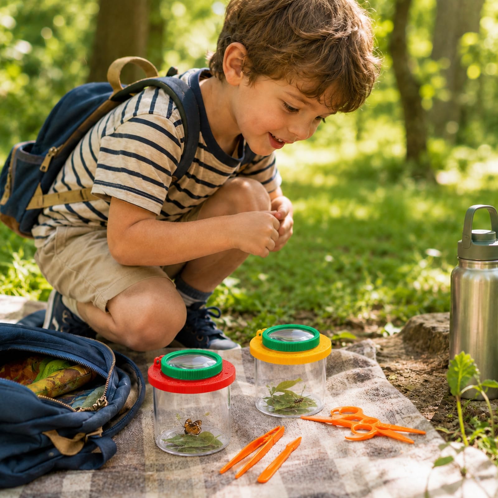 Becherlupen für Kinder,2 Stück Insektenfänger,Becherlupen für Kinder Lupenbecher Insektenfänger,mit Schmetterlingsfangnetz,Pinzette,Kleinkindspielzeug für Outdoor Wissenschaft Natur Erkundung
