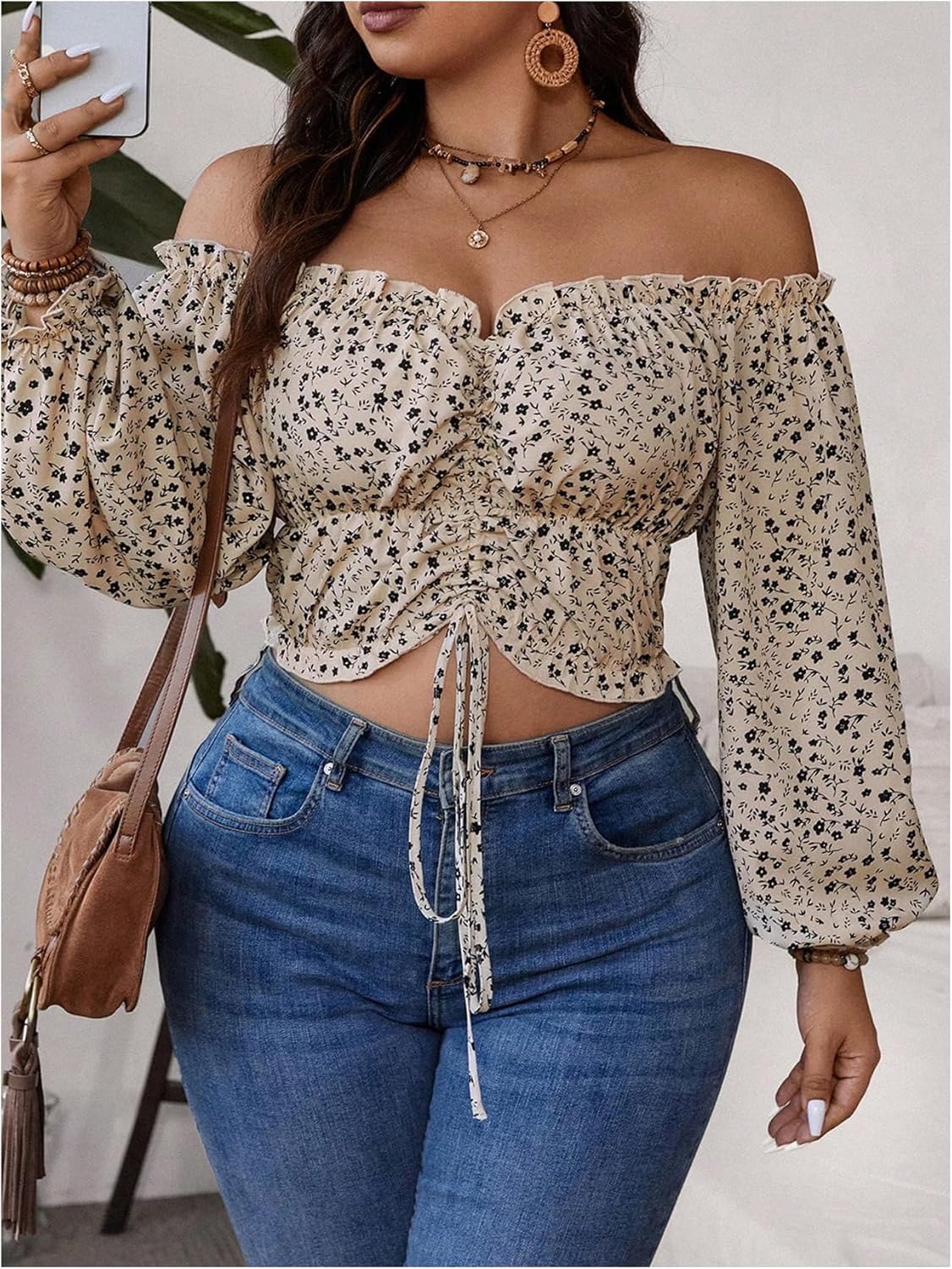Floerns Women's Plus Size Boho Floral Off The Shoulder Lantern Sleeve Ruched Drawstring Cropped Blouse - Image 5