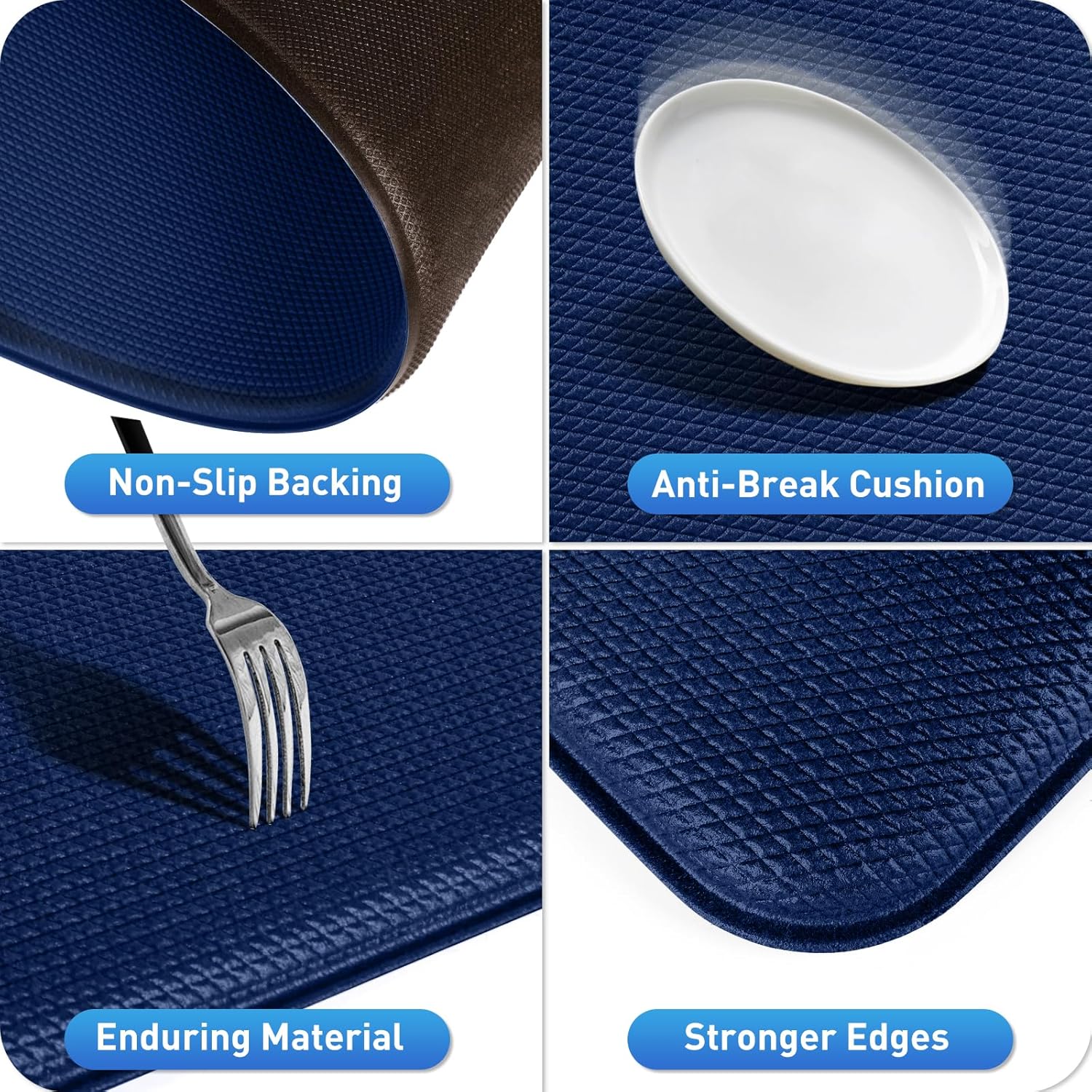 HappyTrends Kitchen Mat for Floor, 2PCS Cushioned Anti-Fatigue Kitchen Rugs, Waterproof Non-Slip Standing Mats and Rugs Set for Kitchen, Office, Laundry, Navy, 17.3"×30"+17.3"×59"