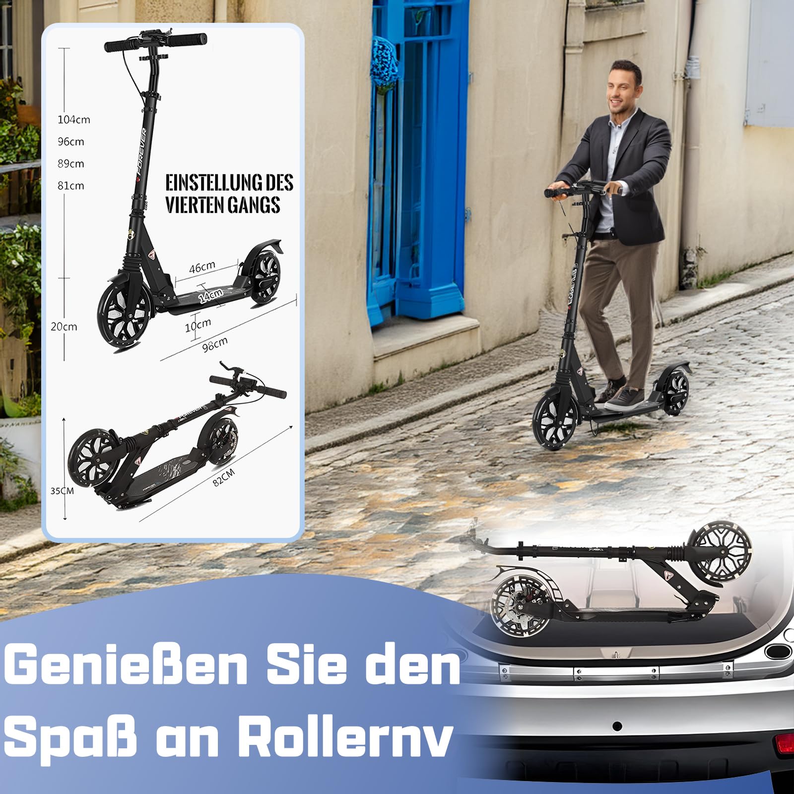 Big Wheel Scooter City Roller Kickscooter für Erwachsene klappbar LED 200mm,150KG Cityroller mit Handbremse, Tretroller Kinder Mädchen Jungen Teenager, Kickscooter Kinder Scooter