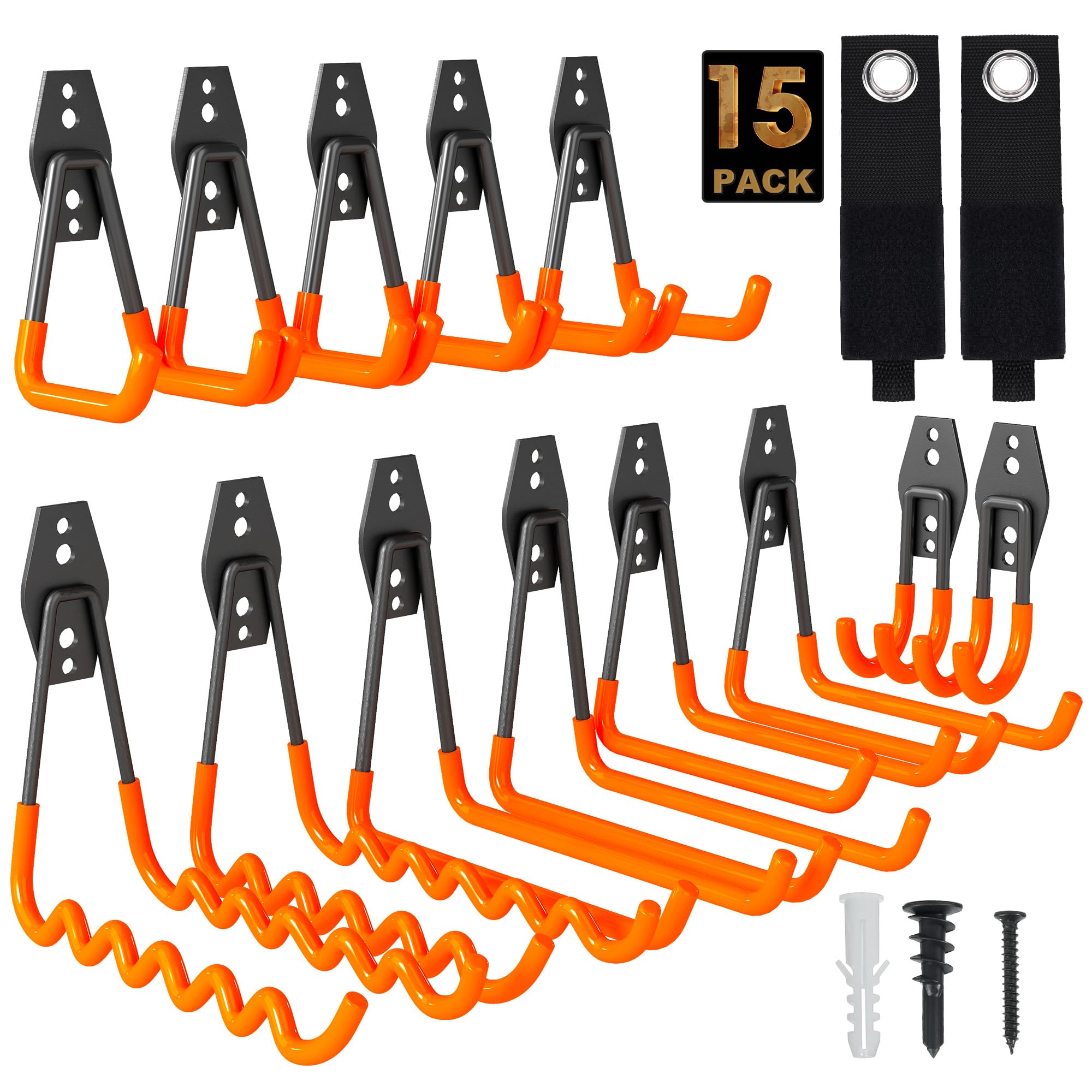 TECHSHARE Garage Hooks, 15 Pack Heavy Duty Hooks, 5 Sizes Shed Hooks for Garden Tools, Ladder Hanging, Garage Storage(Orange Wall Hook)
