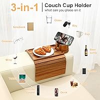 Vista 9 de Bandeja para portavasos de sofá, mesa de madera de acacia con soporte para teléfono, bandeja plegable grande para sofá para mesa de aperitivos