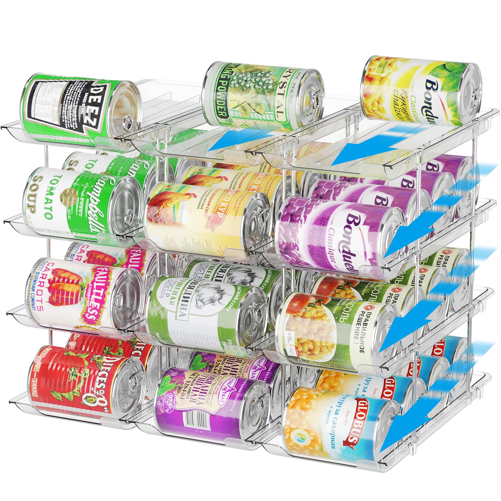 BingoHive Can Organizer for Pantry Stackable 4 Tier Can Storage Beverage Can Organizer for Fridge Holds 48 Cans Automatic Can Dispenser for Kitchen Transparent