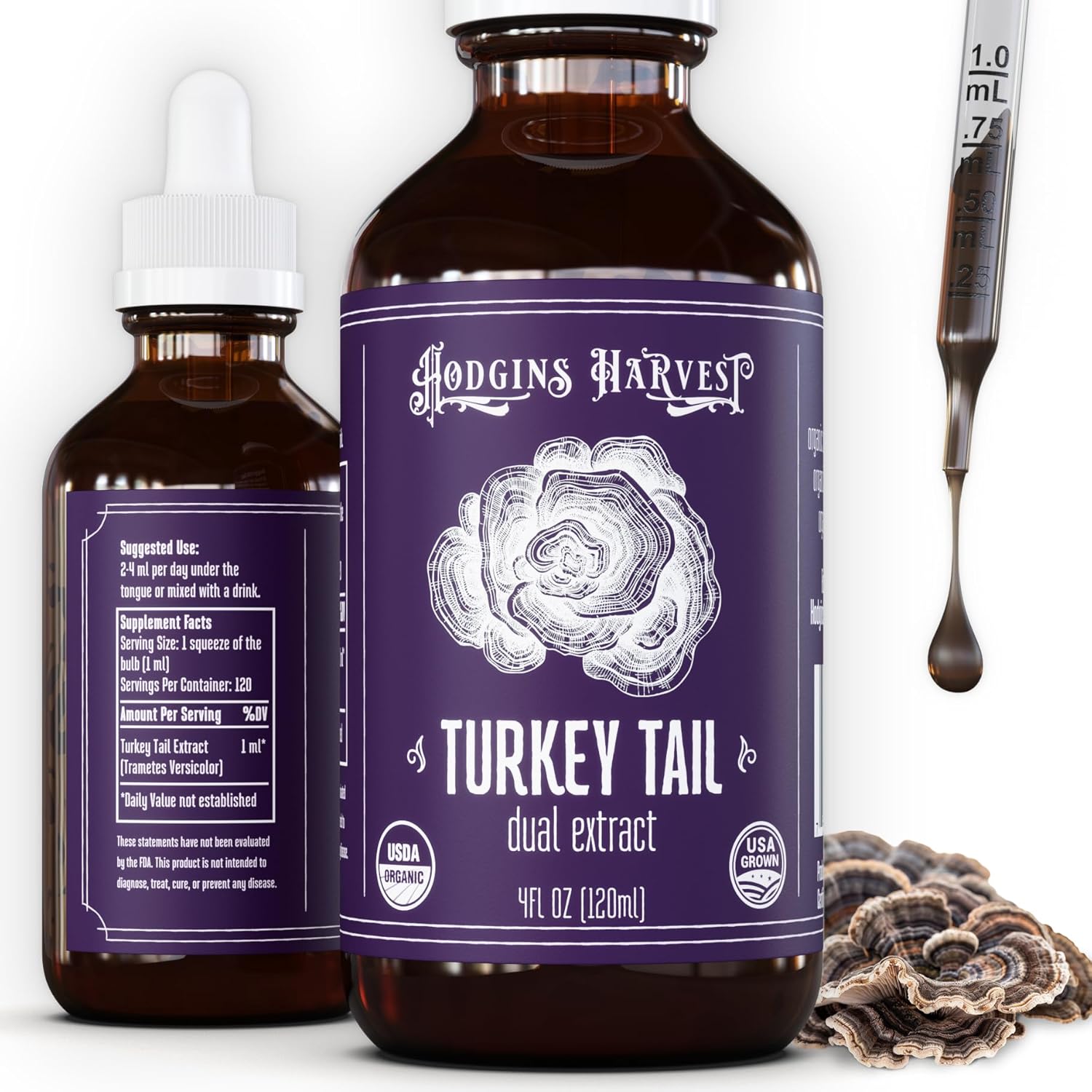 Hodgins Harvest Organic Turkey Tail Mushroom Tincture - Extra Concentrated Dual Extract Antioxidant-Rich Mushroom Drops Supplement for Overall Wellness - Made in USA - 4 fl oz