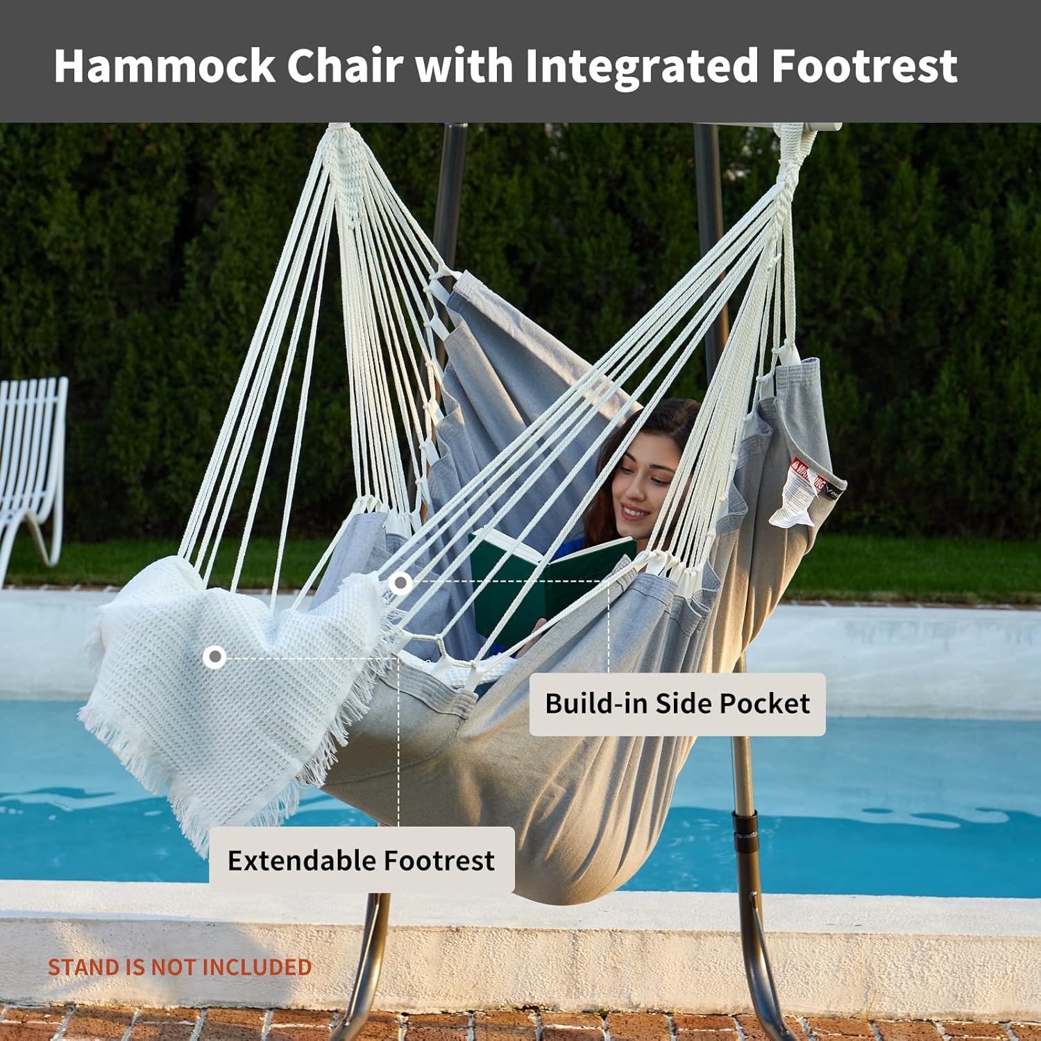 Hanging Hammock Chair Swing MAX 500 lbs Outdoor Hanging Chair with Footrest Indoor Swing Chair with Portable Steel Spreader Bar and Hardware Kit for Bedroom Living Room Patio Porch - Grey - Image 2