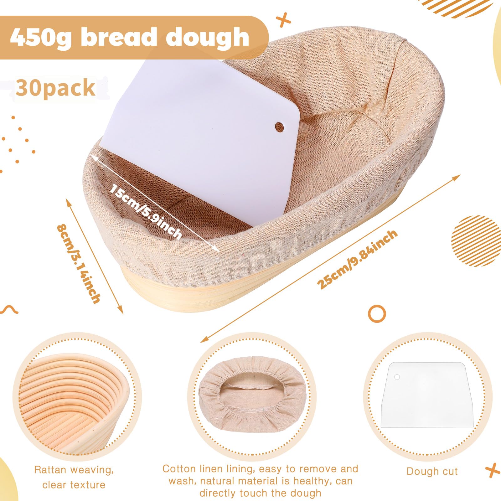 Gejoy 30-teiliges Set Brotgärkörbe, 25,4 cm, ovale Form, Banneton, Teiggär-Schüssel-Set mit Stoffeinsatz und Kunststoffschaber, Sauerteigkorb für Zuhause, Sauerteig-Bäckerzubehör