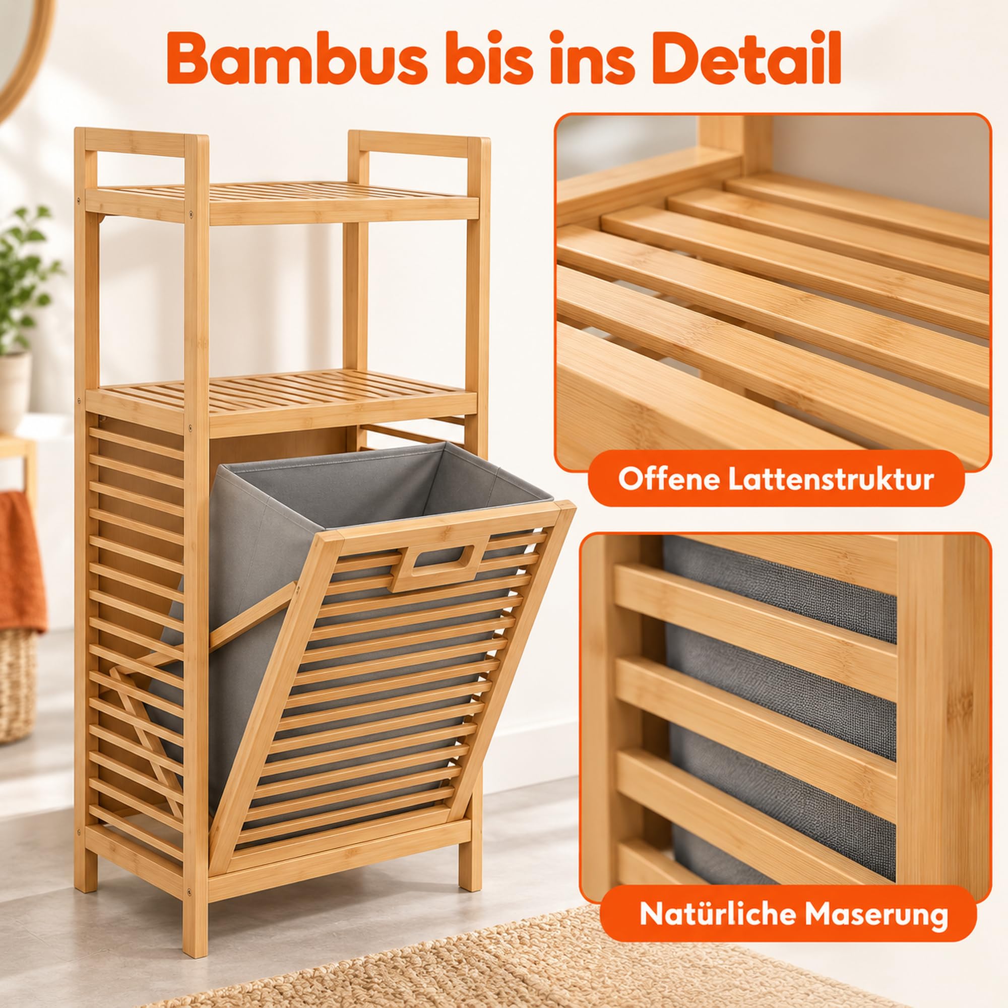 Bambus Badregal mit Wäschekorb, 2 Ablagen, 40 × 30 × 95 cm
