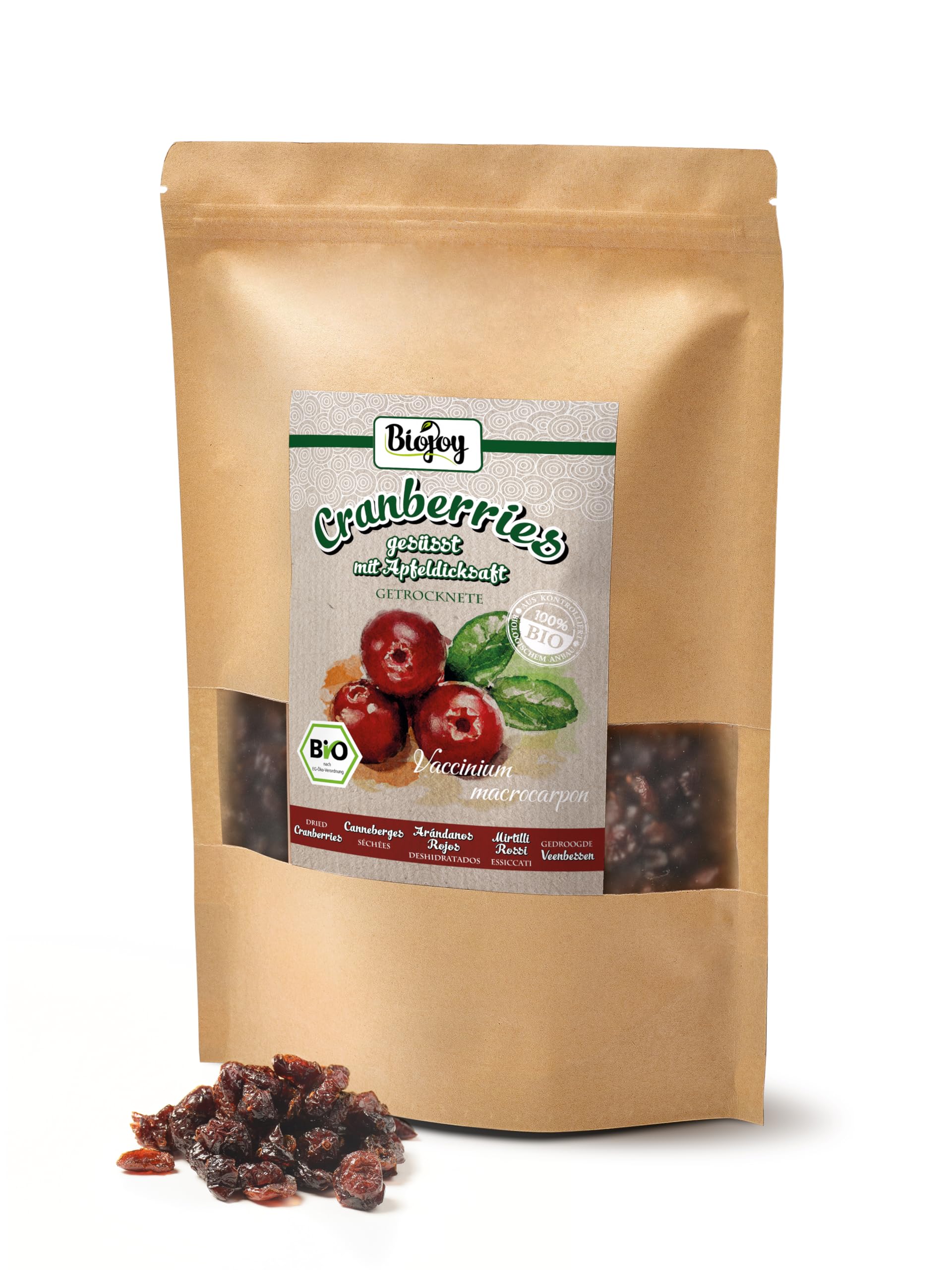 Biojoy Mirtillo Rosso essiccato Biologico (1 kg), Mirtilli Rossi dolcificati con Concentrato di Succo di Mela