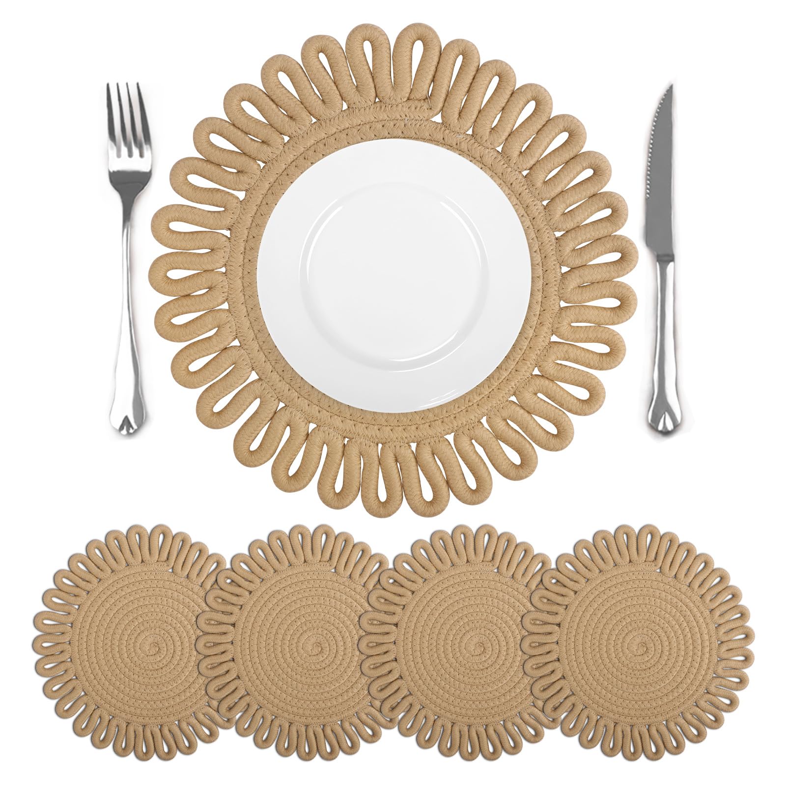 comfoyar Round Placemats Set of 4, 30cm Non-Slip Cotton Woven Place Mats