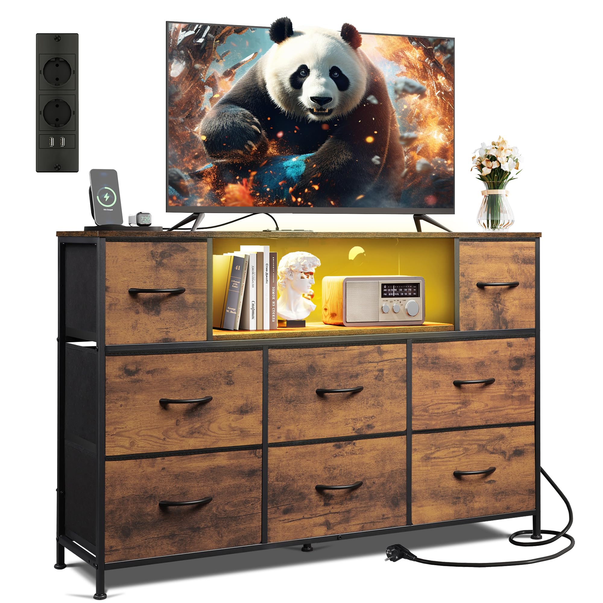 WLIVE Kommode, 8 Stoffschubladen,Schubladenkommode mit Steckdosen, vielseitige Schubladenkommode für Schlafzimmer und Wohnzimmer, mit stabilem Stahlrahmen und Holzplatte,120 * 30 * 79 cm