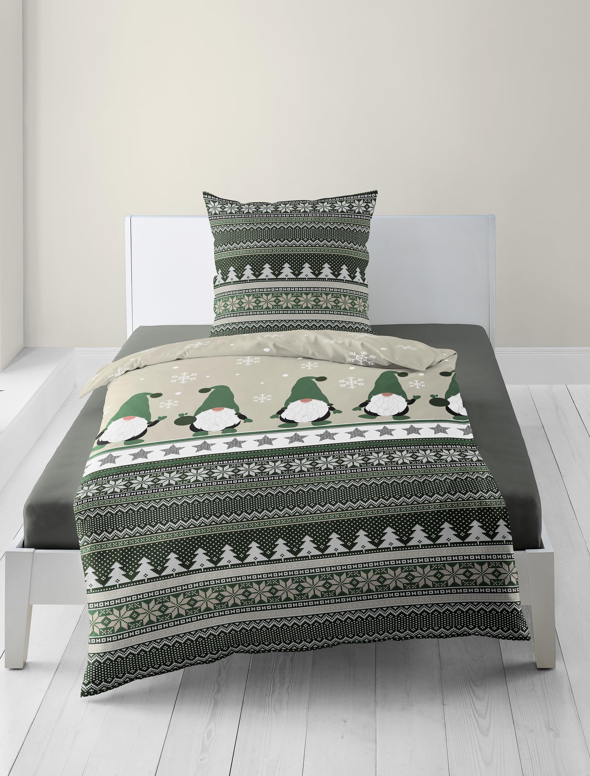 Bierbaum Bed Linen 4051, Flannelette, 100% Cotton, Designed in Germany, Green 30, 135 x 200 + 80 x 80 cm