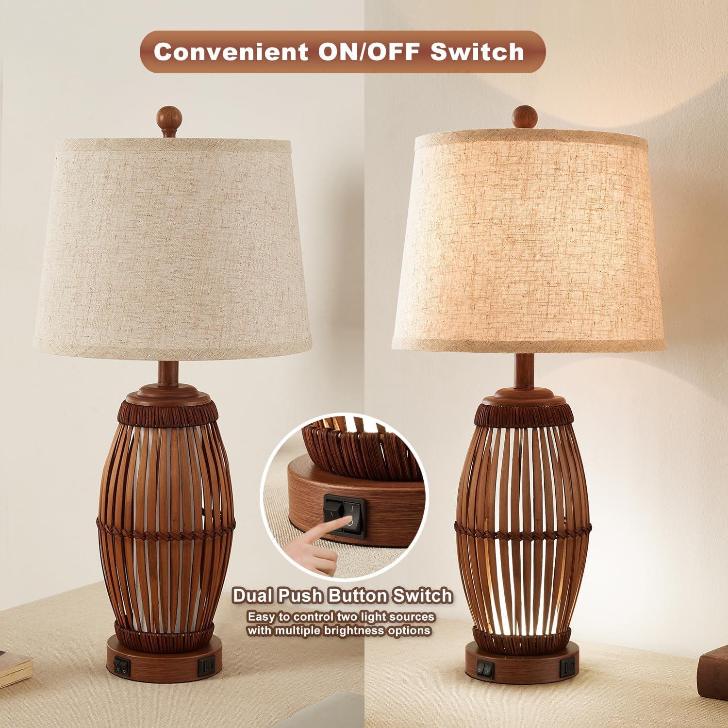 27” Vintage Bamboo Woven Table Lamps Set of 2, Farmhouse Rattan Bedside Lamps for Bedroom Livingroom Office Study with Nightlight and USB A+C, Bulbs Included