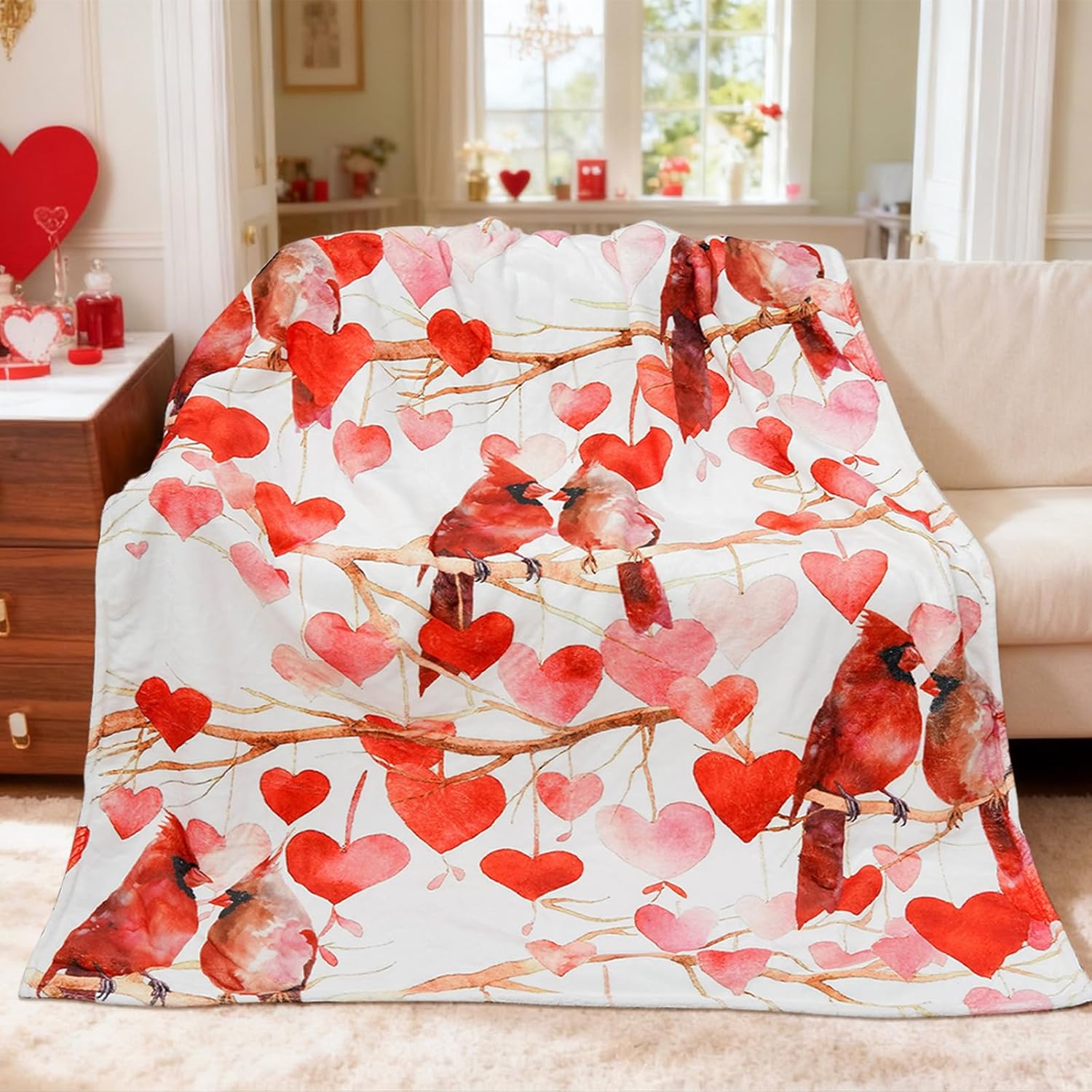 Valentines Blanket Cardinal Decor Red Heart Blanket Ultra Soft Cozy Anniversary Wedding Gift for Lover, Home Sofa Couch Decor 50x60 Inch