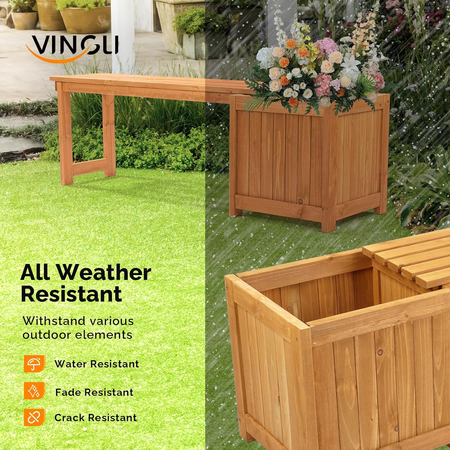 VINGLI Outdoor Wood Bench with Planter Boxes, 2-in-1 All-Weather Porch Bench Seat ＆ Open-Ended Wooden Raised Garden Bed, for Balcony Yard Patio (1 Box)