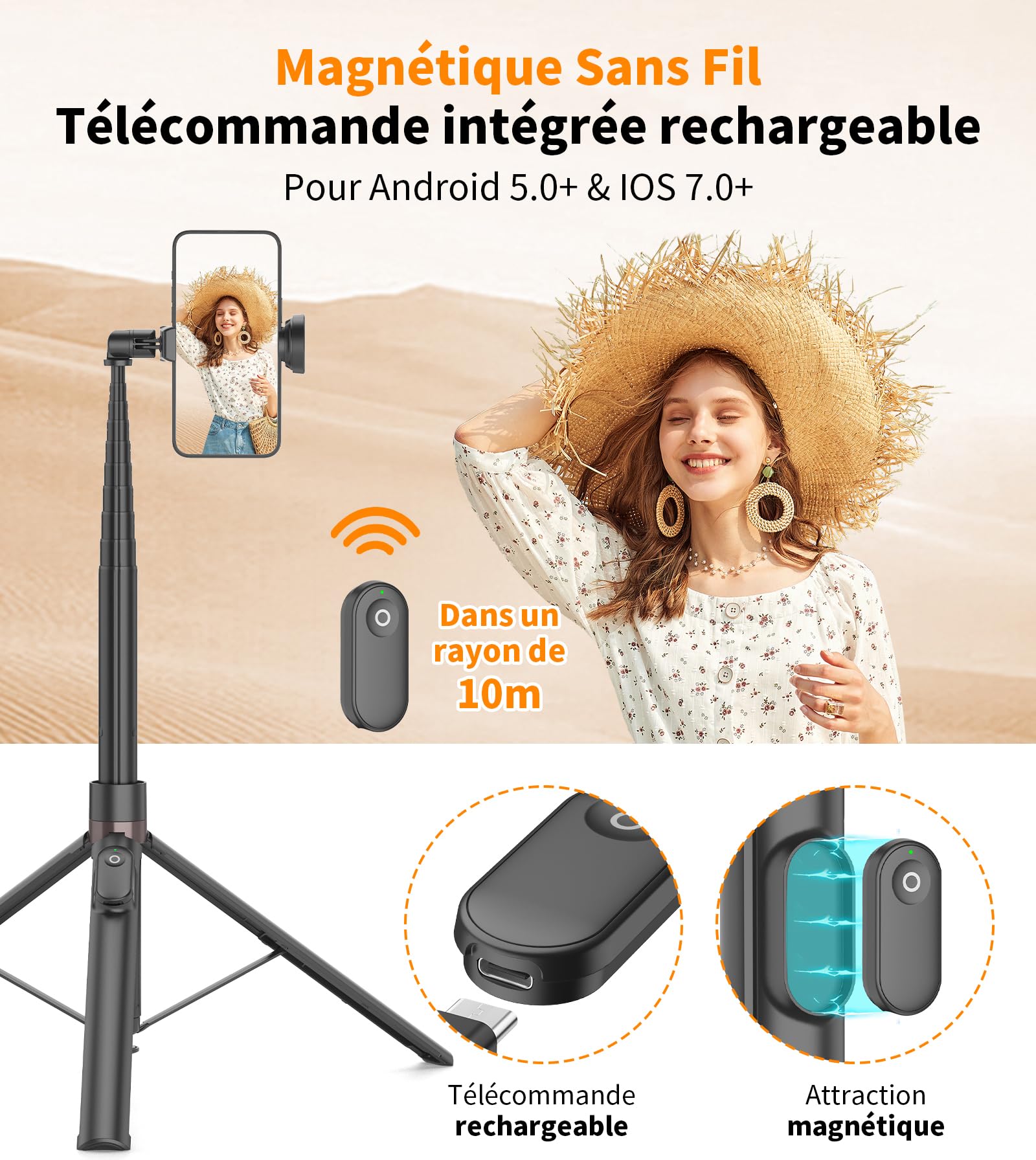TONEOF 168cm Perche Selfie Trépied à Ouverture Automatique, Monopods Trepied Téléphone avec Télécommande Magnétique Rechargeable,Support Rotatif à 360° à 2 Axes,Trépied Stable pour iPhone/Android-Noir
