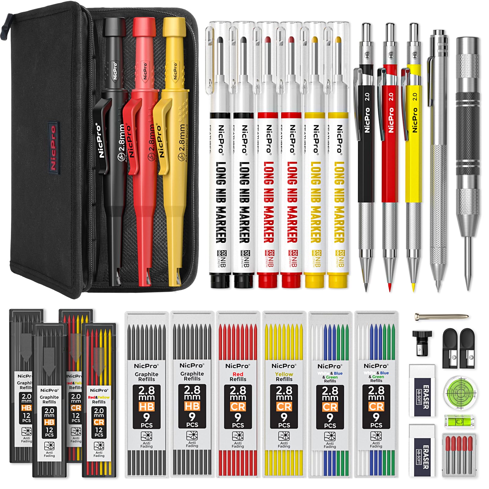[BRSREYYECN5B43LO] Nicpro 38 Pack Carpenter Pencil, Long Nib Marker, Center Punch, Scribe Tool