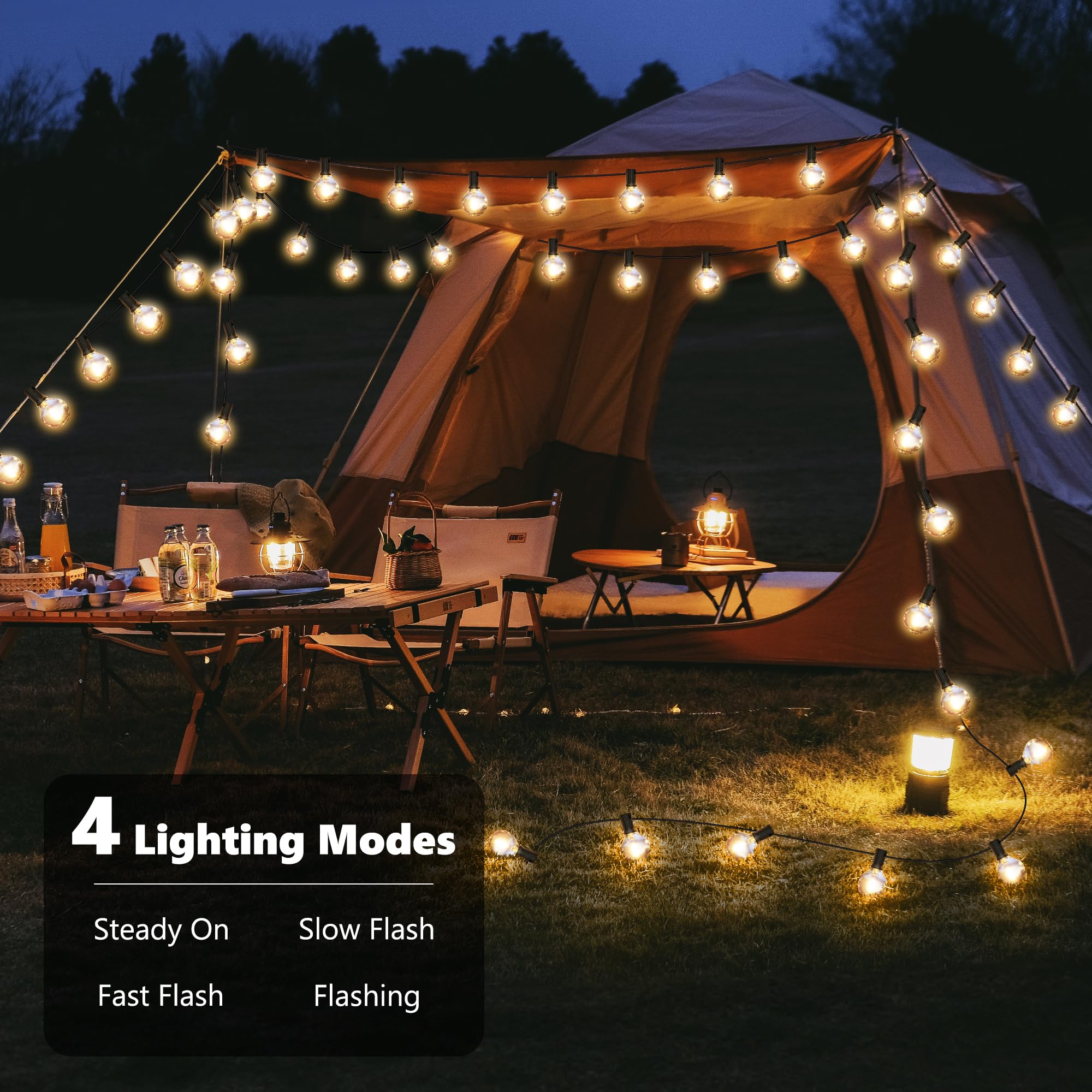 Joomer Luces Solares LED Exterior Jardin con USB Recargable, 15,6M Guirnaldas Luces Exterior Solar 25+2 G40 Bombillas, 4 Modos Luces Exterior Solar Blanco Cálido Impermeable para Patio Boda Fiesta