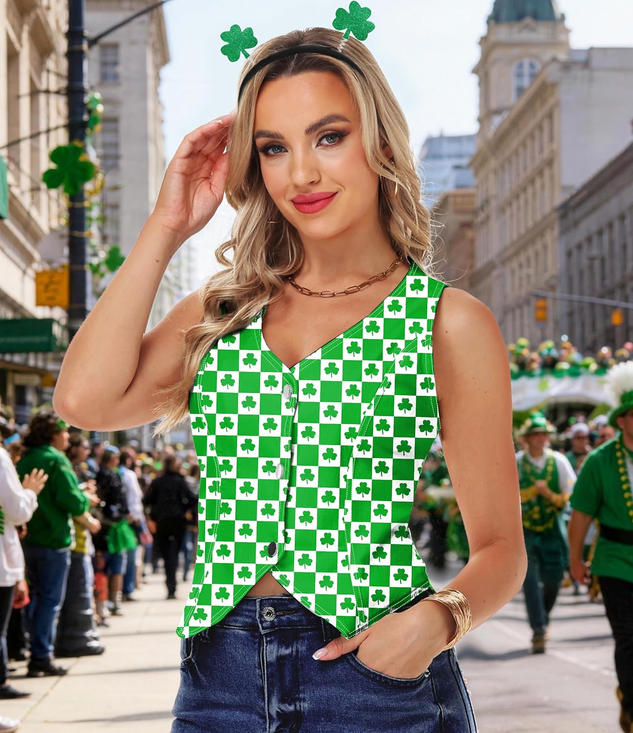 AOBUTE Womens St Patricks Denim Vest Lucky Shamrock Sleeveless Jean Top Irish Holiday Party Jean Jacket - Image 2