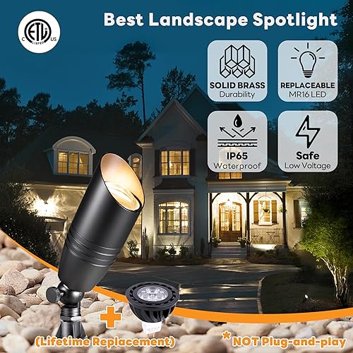 Miniatura 10 de Gardenreet Foco de paisaje de latón macizo, 12 V CACC, impermeable, luces LED de bronce para exteriores, iluminación de bajo voltaje con cable para