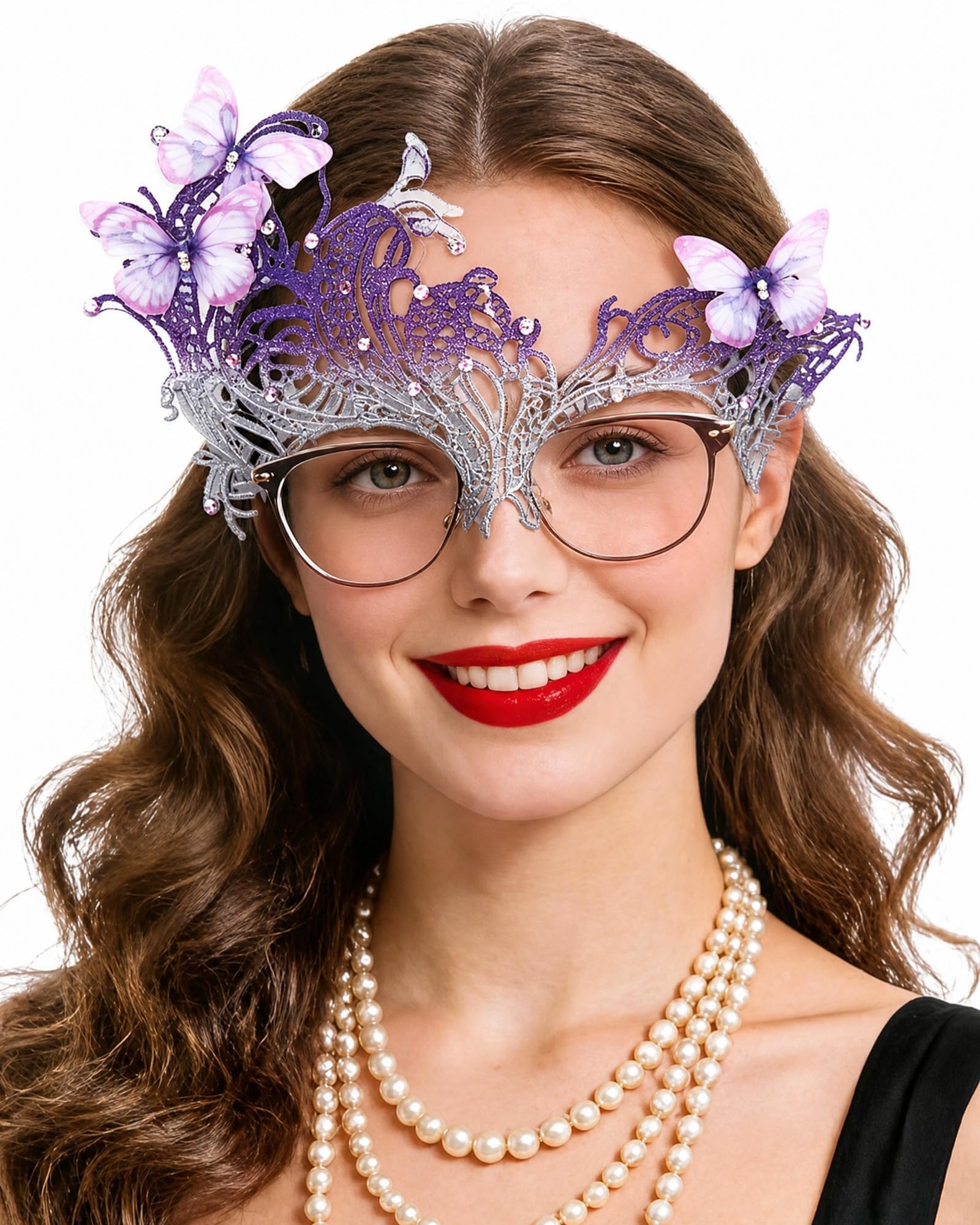 Zinniday Butterfly Masquerade Mask for Glasses, 2026 Silver Purple Mysterious Eyemask for Women Lady Couples Halloween Renaissance, 1920s Antique Venetian Lace Mask for 1920s 50s Party Renfaire Prom