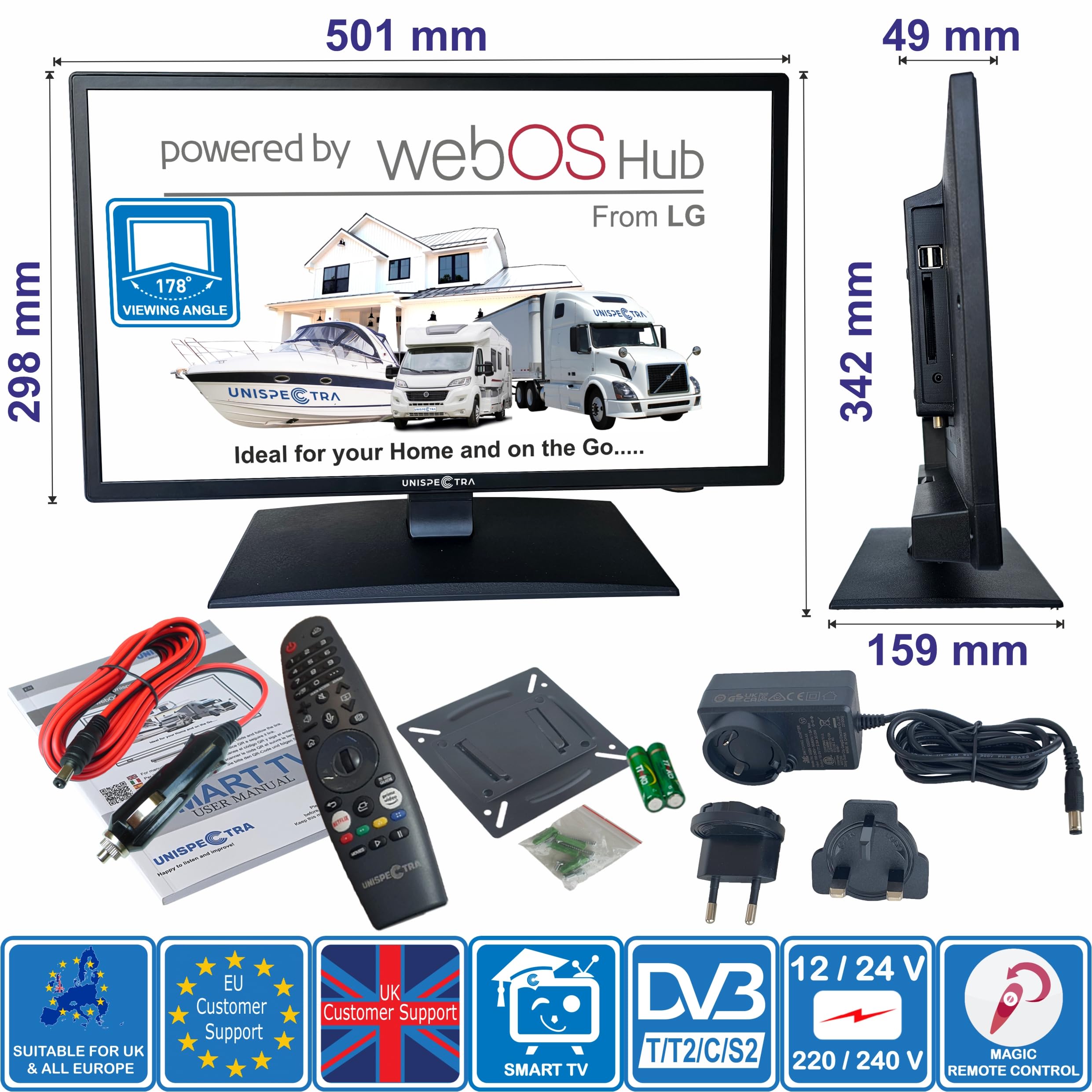 Unispectra ® Smart TV de 22 Pulgadas 12v (webOS) ELED Full HD 240v 24v 12v TV Freeview & Sat sintonizador, 3X HDMI, 2X USB, Magic Remote. Televisores de 12 V para autocaravanas, autocaravanas