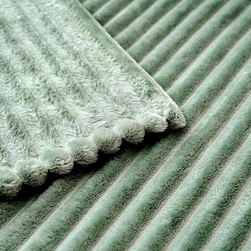 Miniatura 7 de MIULEE Manta de cama de forro polar, tamaño Queen de 90 x 90 pulgadas, 300 GSM, súper suave, ligera, de felpa, a rayas, color verde salvia, cálida,