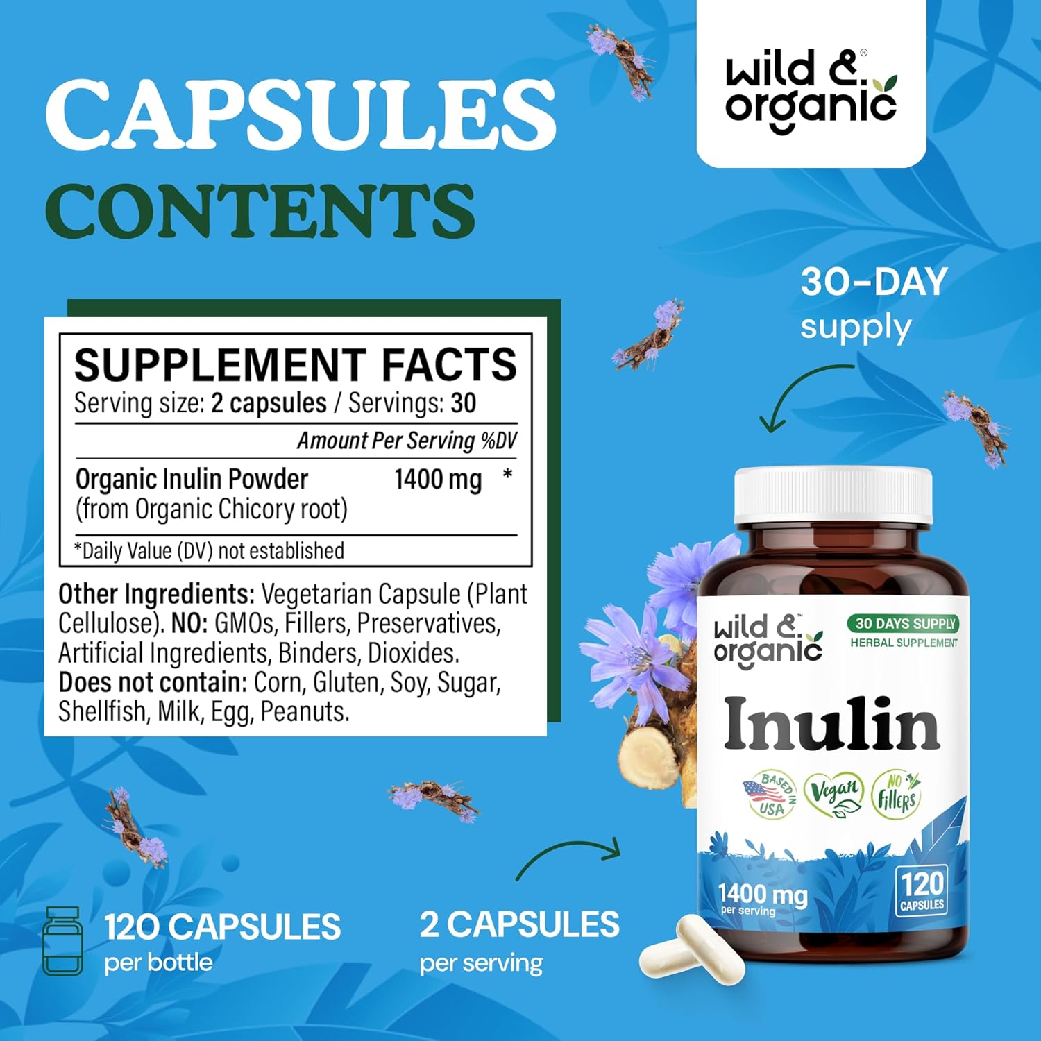 Wild & Organic Inulin Capsules 1400 mg - Digestive & Gut Support - Inulin Prebiotic Fiber Powder Supplement - Chicory Root Derived - Vegan, No Fillers, Non-GMO - 120 Count - Image 3