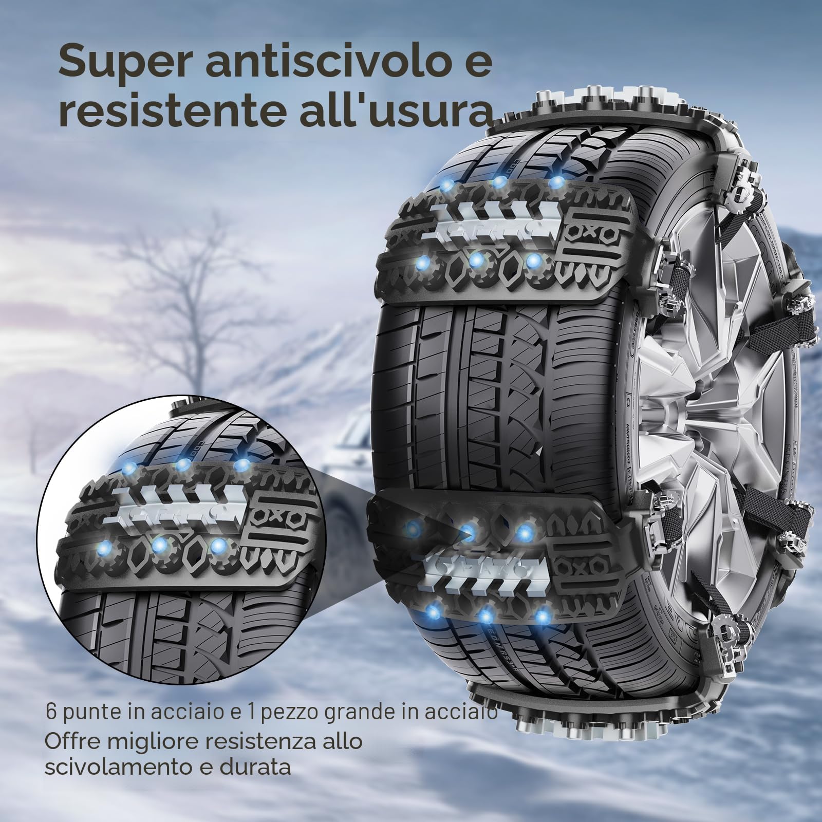 Catene da Neve Antiscivolo 6 PCS con Un Raschietto per Ghiaccio per Tutti i Veicoli Materiale ad Alta Prestazione Inserti Metallici Installazione Facile e Veloce 165mm-275mm