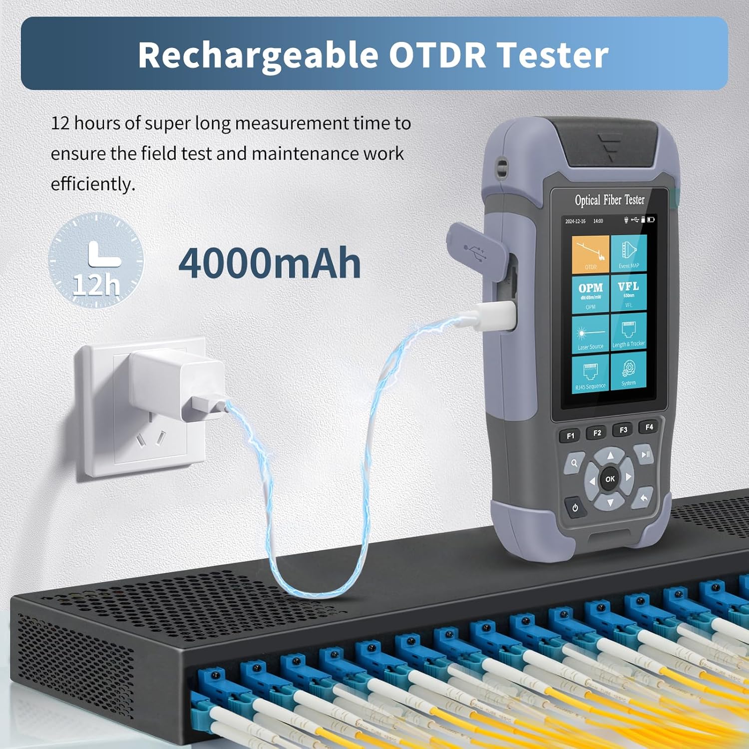 Henkion OTDR Fiber Optic Tester 1310/1550nm 24/22dB Hand-held Mini OTDR Tester, Support Curve Operation, Event Map, RJ45, OPM, LS, Secquence/Tracker