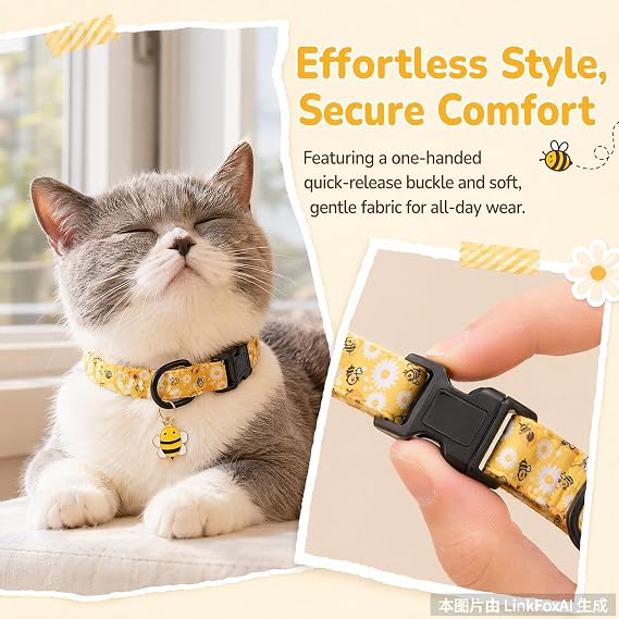 Soft Adjustable Dog Collar,Dog Collar with Colorful Flowers Printed (Yellow Bee, M(Neck 32-55cm,Width 2cm))