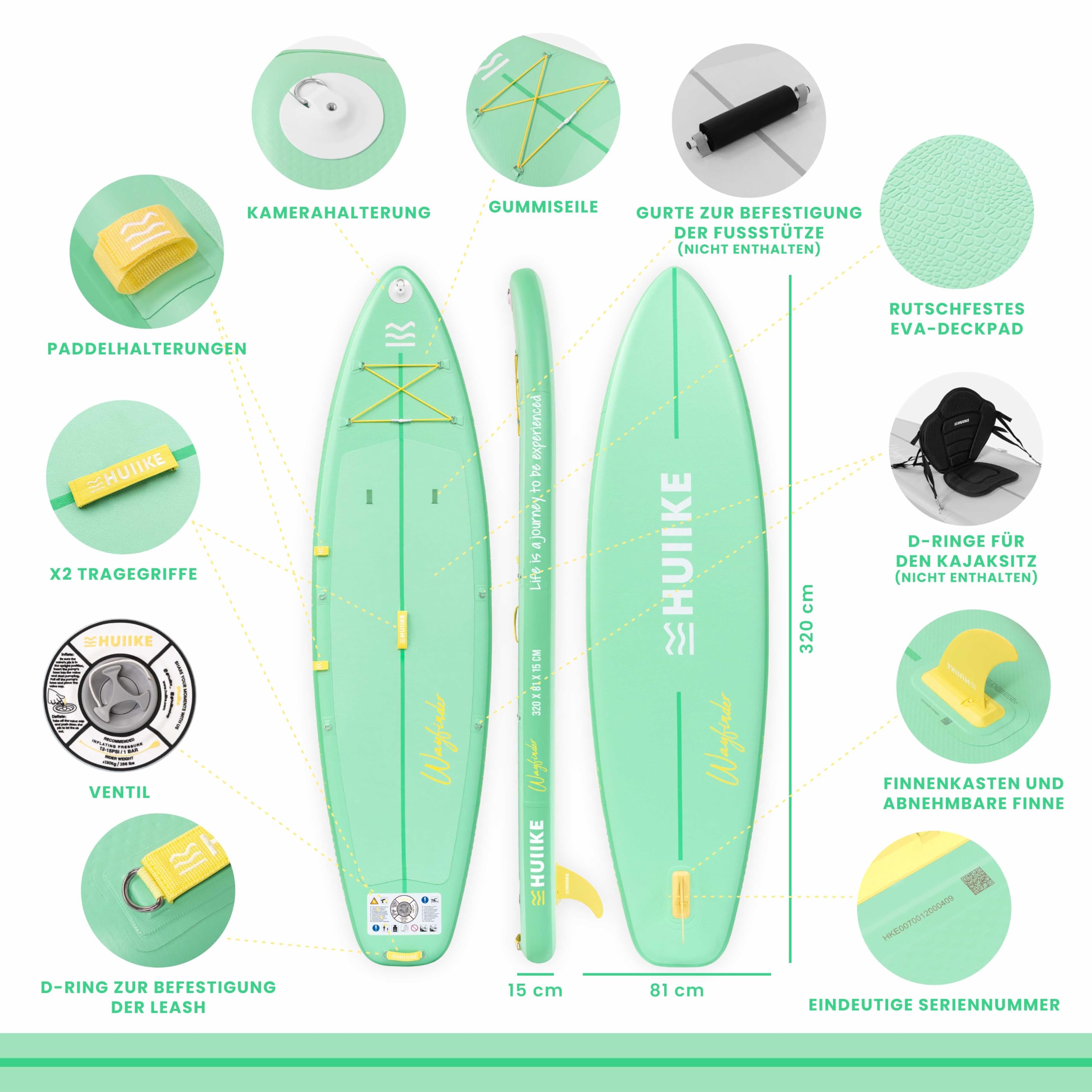 HUIIKE Touring Stand Up Paddling Board mit Zubehör, Paddel, Finne, Sicherheitsleine, Pumpe und Rucksack. Paddle Sup Board Aufblasbar Hohe Stabilität und Widerstandsfähigkeit. Zum Kajak Umbaubar