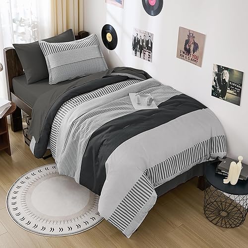 Vista 14 de Juegos de edredón de tamaño completo para dormitorio universitario, juego de edredón a rayas para niños, juego de edredón de estilo neutro simple