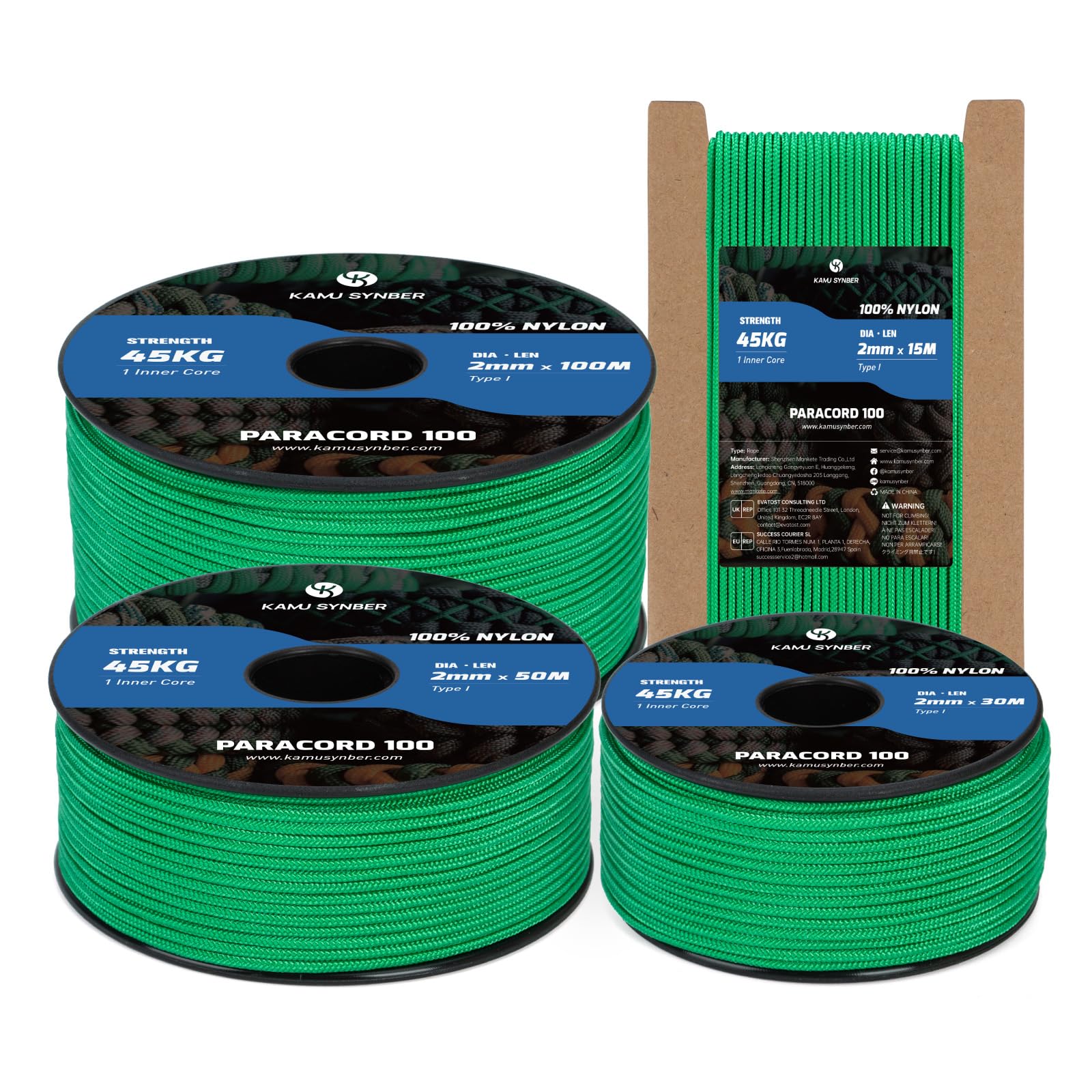 Kamu Synber 2mm Paracord 50M 100% Nylon Rope 1 Strand Type I Parachute Cord for Crafting, Outdoor, DIY, Camping | Support 45kg | Jade Green