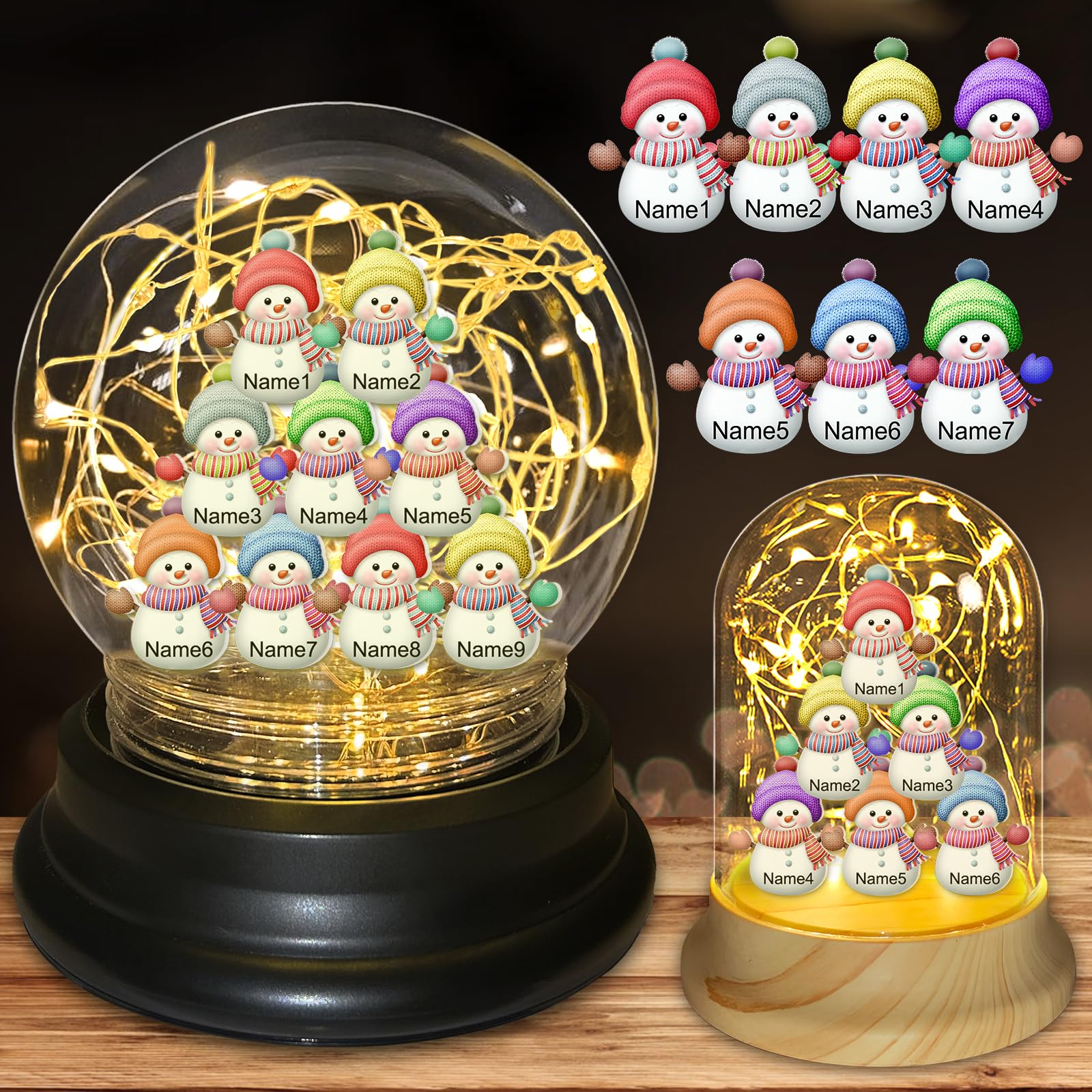 Bllkloruek Personalized Family Snowman Ball Light Up Christmas Globe Lamp Custom Names Snowman Nightlight Customized Xmas Indoor Decorations Gifts