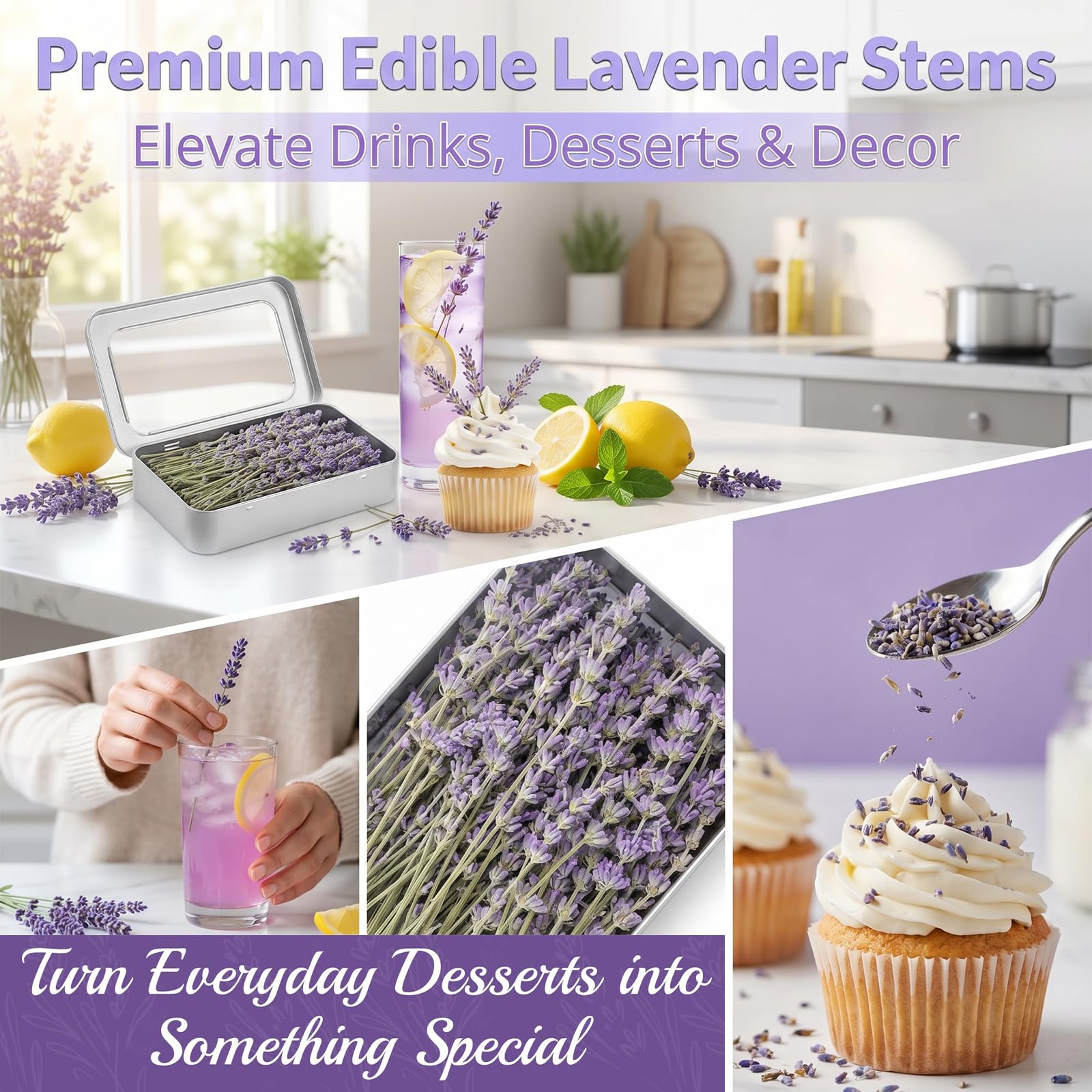 100+ Essbare Lavendelzweige für Cocktails (50 g),Kulinarischer Lavendel für Desserts,Tee,DIY Bastelarbeiten-Lavender Plant Getränkegarnitur für Partys