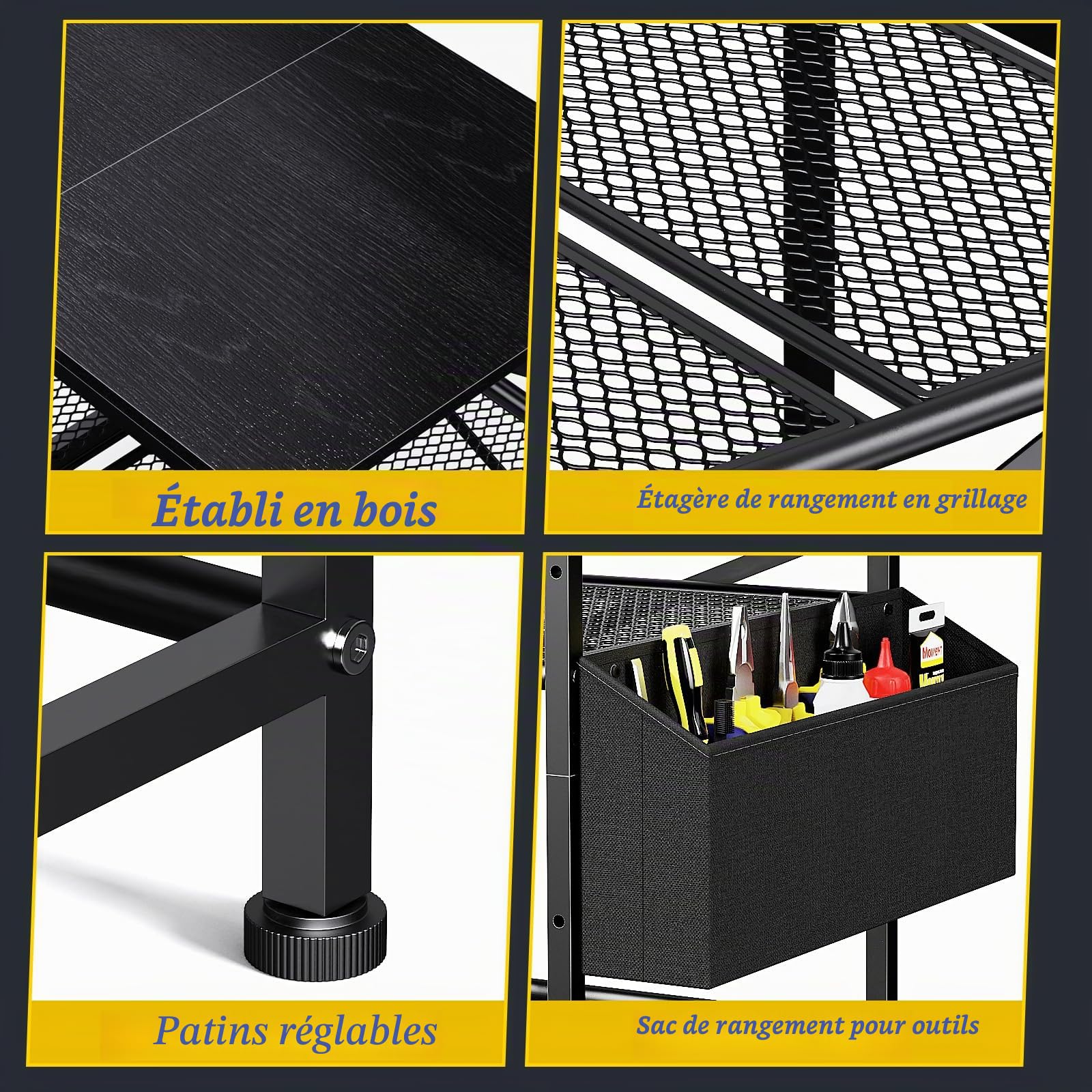 3 Niveaux Support Imprimante 3D, Meuble Imprimante avec bac de Rangement pour Fil et Poche Latérale, Support de Rangement pour Imprimante à Fixation Murale pour Bureau (Negro)