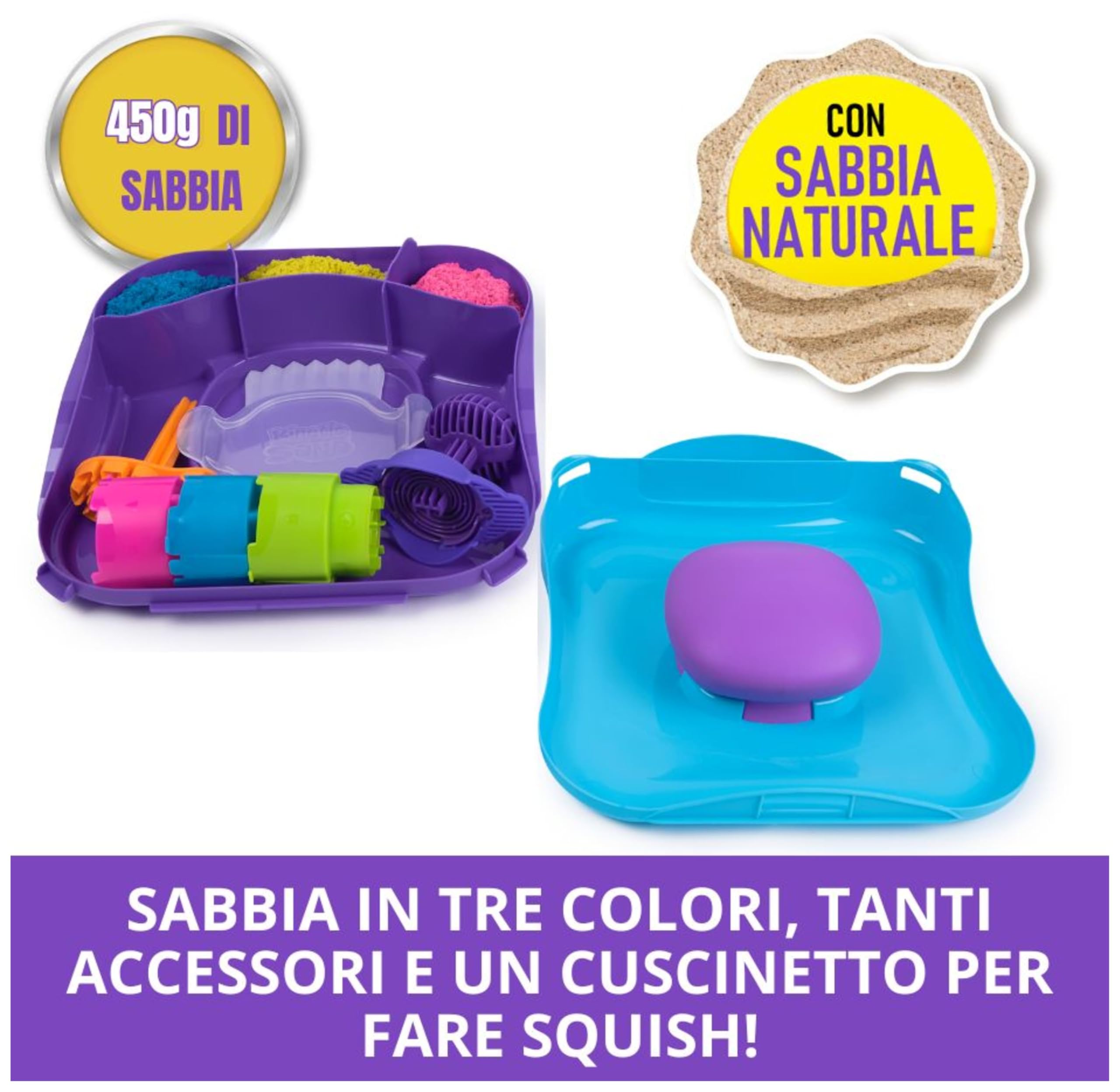 Kinetic Sand, Set di Gioco Squish Motion, Sabbia Colorata Rosa, Gialla, Blu, Sabbia Cinetica 453g, 5 Accessori, Comoda Valigetta. Giocattoli per Bambini e Bambine, 3+ anni